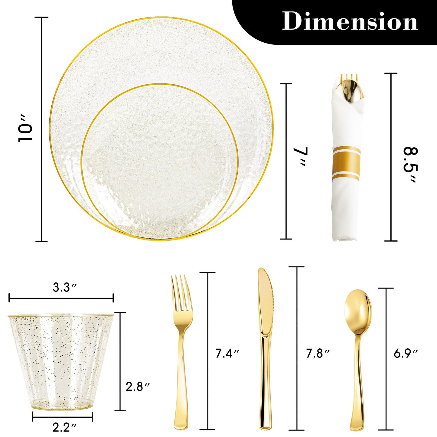 HOMIP 350 PCS Plastic Dinnerware Set (50 Guests), Clear Party Plates Include 50 Dinner Plate, 50 Dessert Plate, 50 Cups, 50 Gold Cutlery Set And Pefect for Party and Wedding