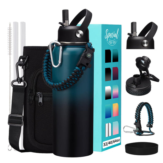 32 40 64OZ Insulated Water Bottle - Keep Cold 48H Hot 24H, Combo Straw & Spout Lids, Survival Paracord Handle, Bottle Carrier Bag w/Strap, Protective Cup Mat, Stainless Steel Flask Jug