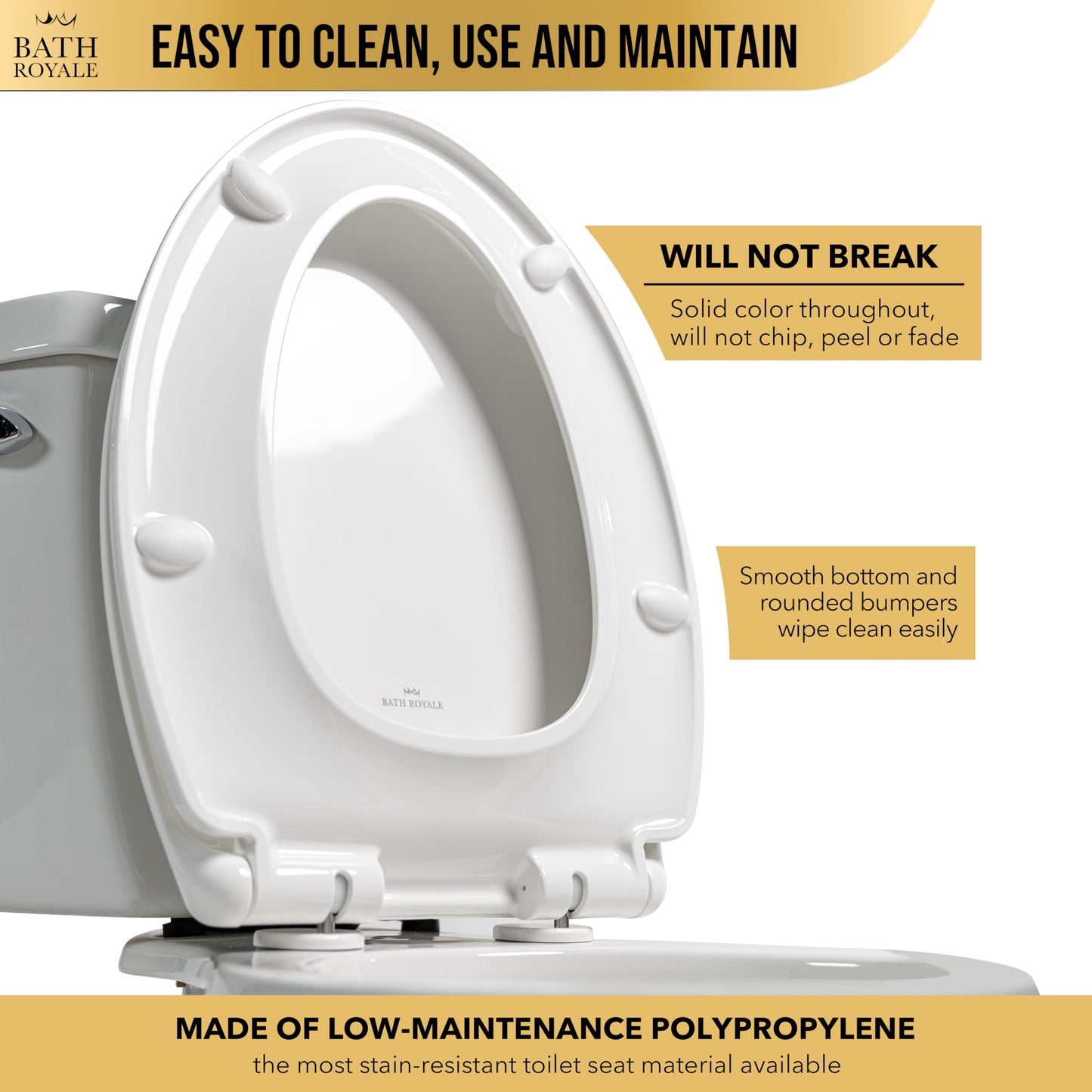 Bath Royale Slow Close Toilet Seat BR501-00 White Elongated, Stain-Resistant and Easy to Keep Clean, Heavy Duty Fits All Toilet Brands, Executive Series