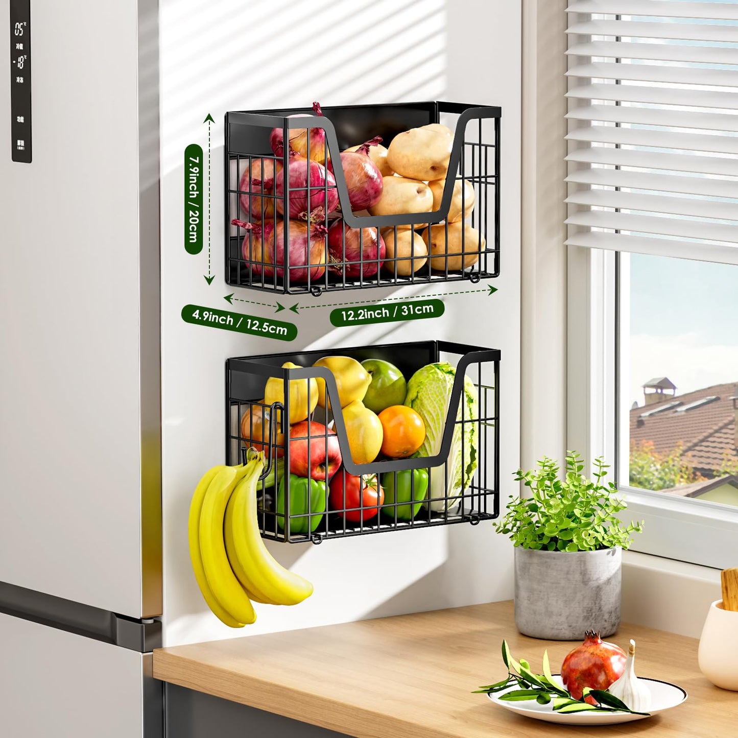 YIWANFW 2 Set Magnetic Shelf for Fridge, Potato & Onion Storage Bins, Magnetic Fruit Basket for Refrigerator Pantry Kitchen Counter Laundry Organizer, Fridge Magnetic Spice Rack Magnet Fridge Storage