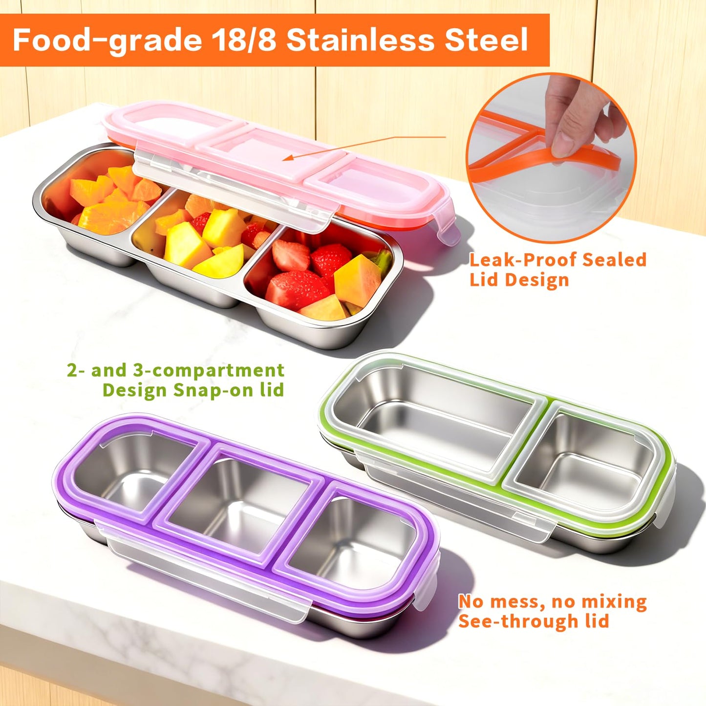 YJSLICT 4 Pack Stainless Steel Snack Containers with Lids, 3 Compartments Reusable Snack Box for Adults, Food Storage Metal Containers Divided Meal Prep Box for Home, Work, Travel
