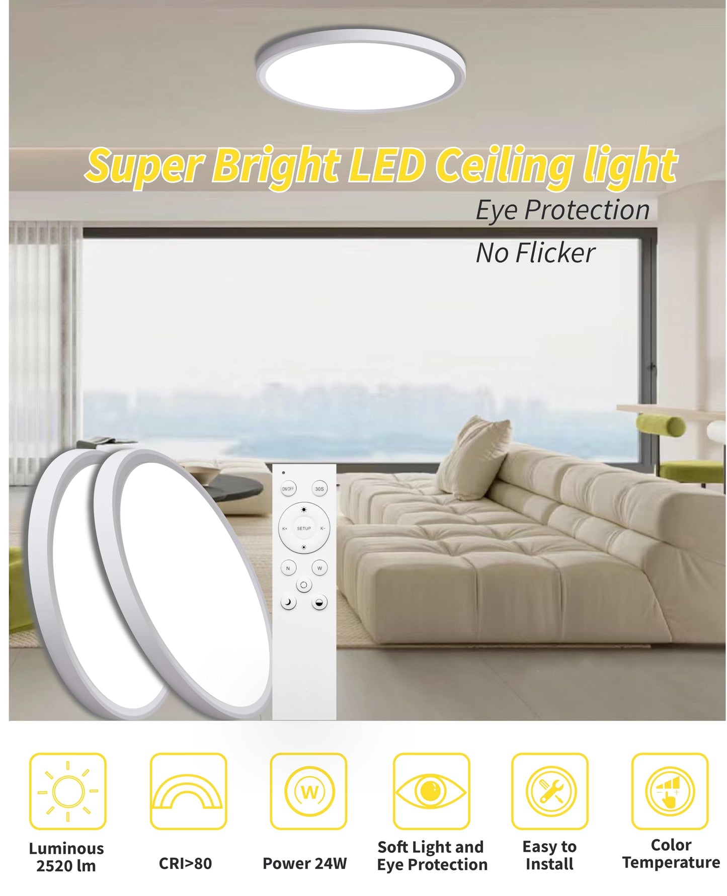 4Pack 12 Inch Remote Control Dimmable LED Flush Mount Ceiling Light Panel,24W 2520LM,2700K-6000K Adjustable Color,Ultra Thin Round White Ceiling Light Fixture for Hallway Kitchen Bedroom Home Office