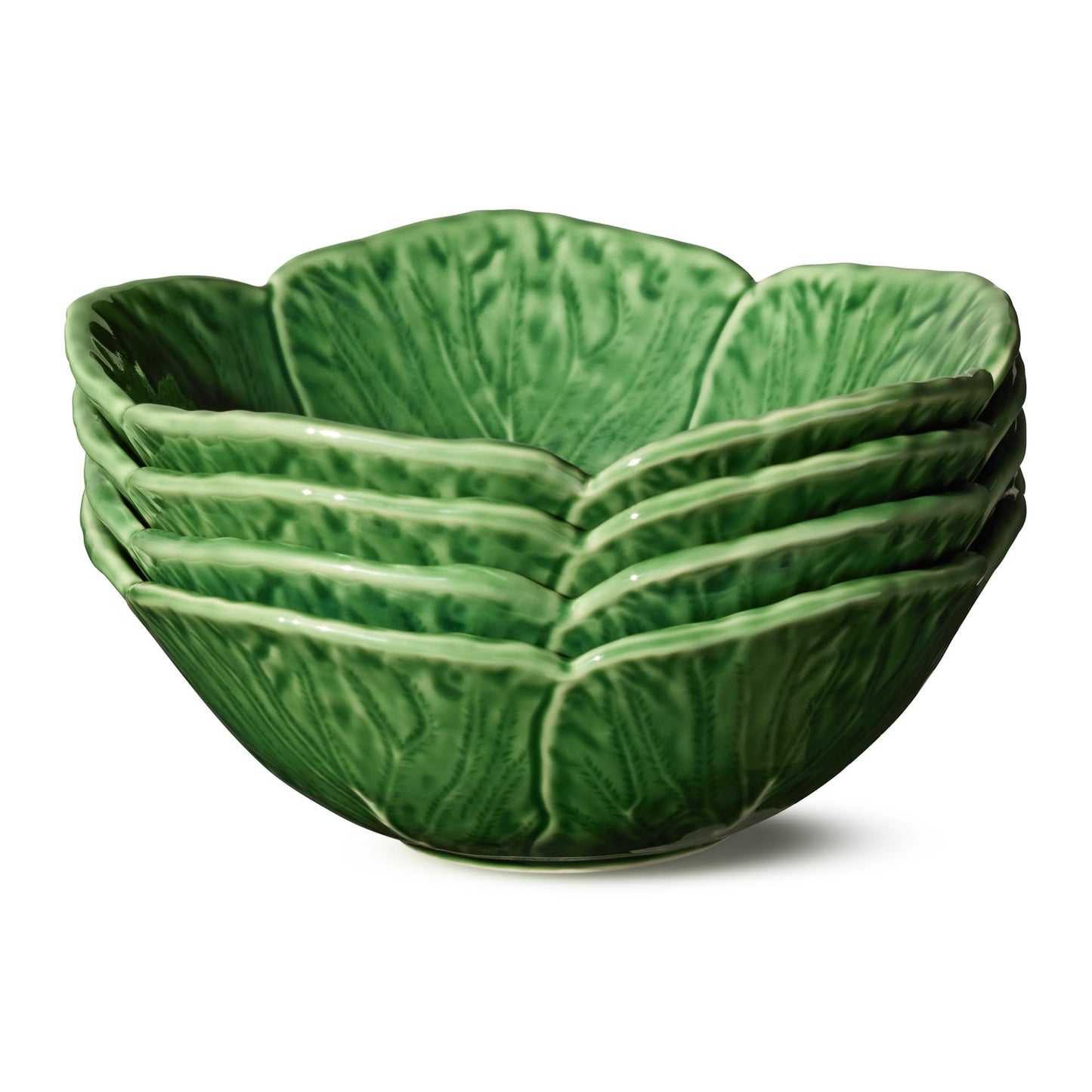 Le Jardin Green Cabbage Plates 3D CEREAL/SOUP BOWLS, SET Of 4 – 7" Sculpted Green Stoneware Leaf Bowls – Garden-Inspired Stoneware for Breakfast, Snacks & Everyday