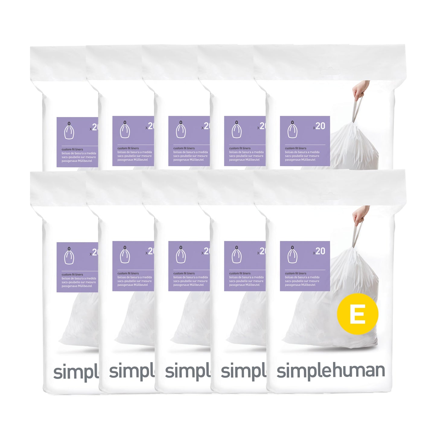 simplehuman Code E 200 Count Custom Fit Liners, Drawstring Kitchen Trash Bags, One-by-One Mess-Free Dispense, Extra Thick & Double Seamed, 50% PCR Plastic, 20 Liter / 5.3 Gallon, White