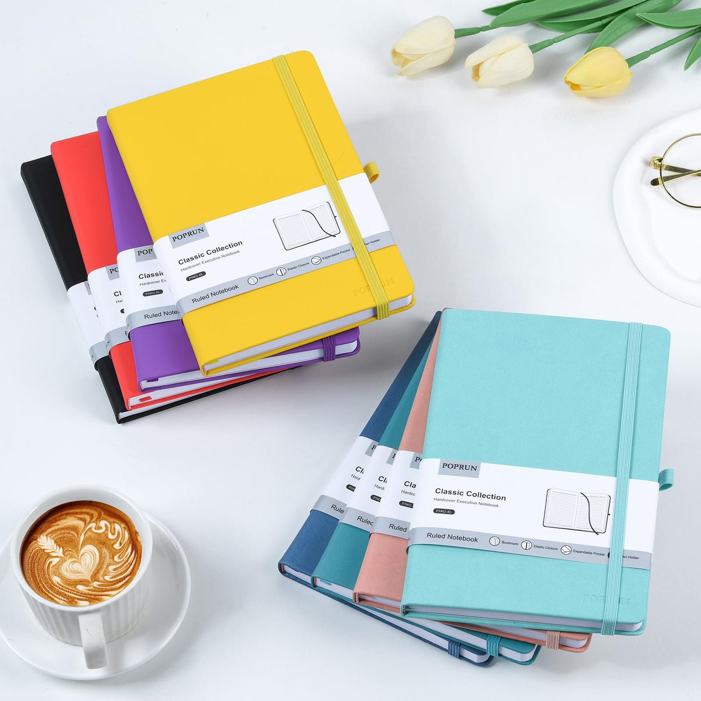 POPRUN Lined Journal Notebook 8 Pack, A5 College Ruled Hardcover Notepad 5.5" x 8.3" 240 Pages, A5 Medium PU Leather Notebooks for Office, School Supply, Note Taking, Business, Multicolored