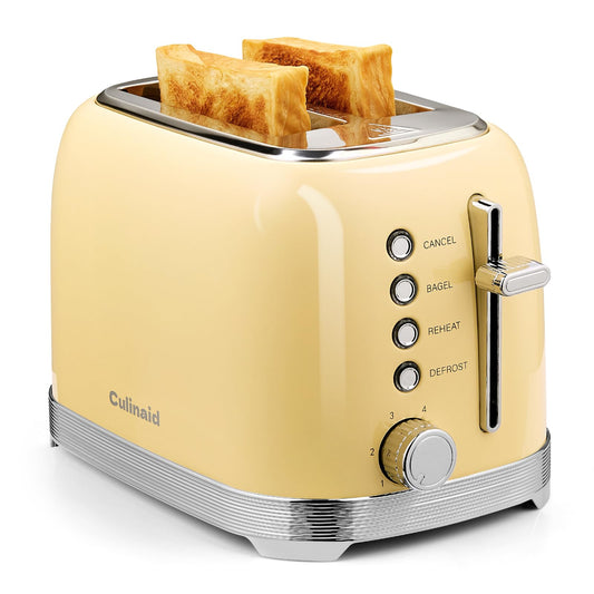 Culinaid Toaster 2 Slice Retro Stainless Steel with 1.5” Extra Wide Slots Bagel, Defrost, Reheat, Cancel Functions, 6 Bread Shade Settings, Removable Crumb Tray, Yellow