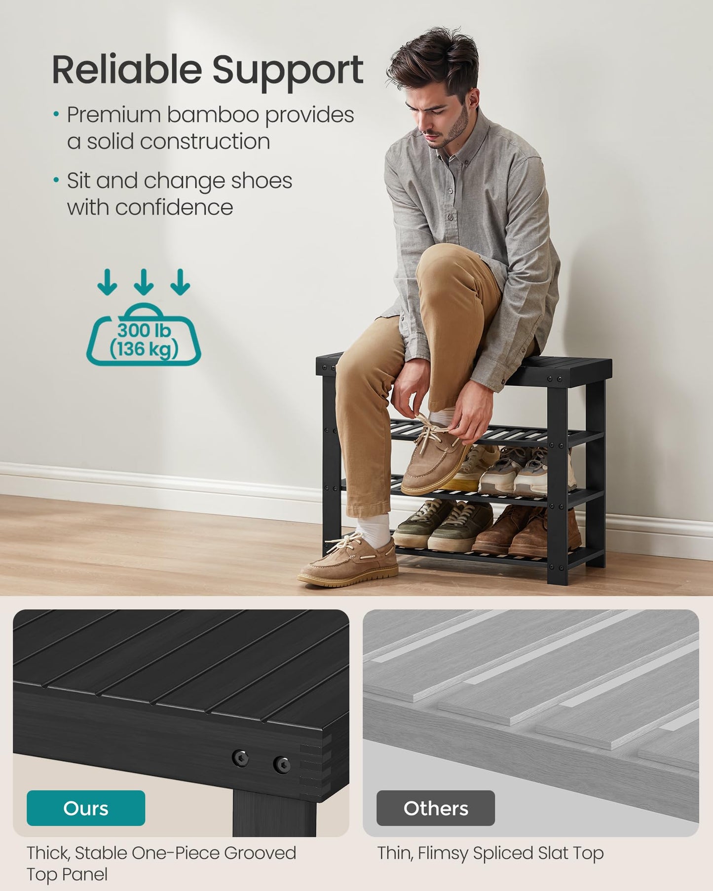 SONGMICS Shoe Rack Bench, 4 Tier Bamboo Shoe Storage Organizer, Entryway Bench, for Living Room, Bathroom, Bedroom, 11.3 x 27.6 x 20.5 Inches, Ink Black ULBS370BH01