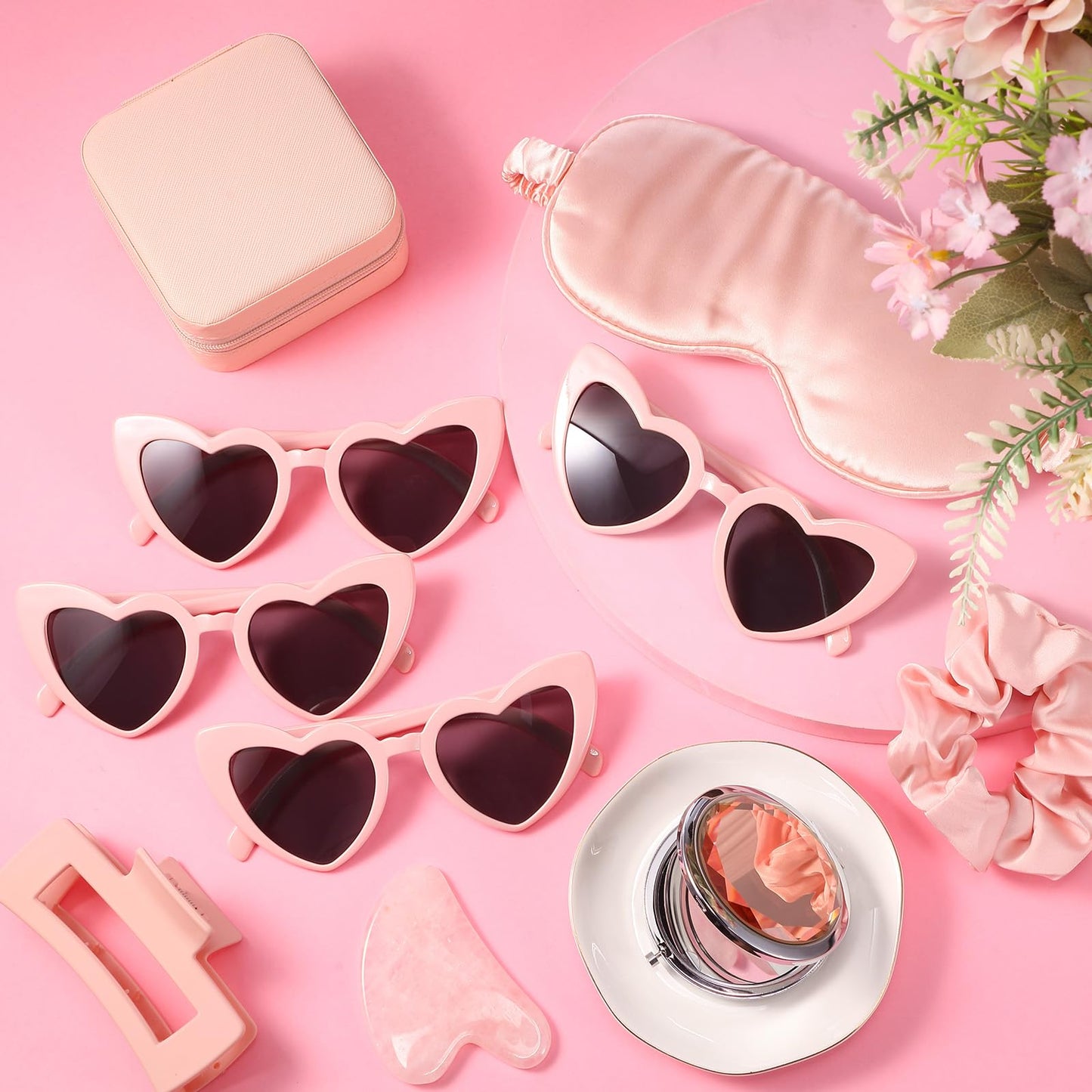 Wavwavw 48 Pcs Bridesmaid Proposal Gifts Scrunchies Square Hair Claws Sunglasses Jewelry Storage Boxes Eye Masks Mini Makeup Mirrors Ceramic Jewelry Trays Gua Sha Facial Tool Bridal Gift for Wedding