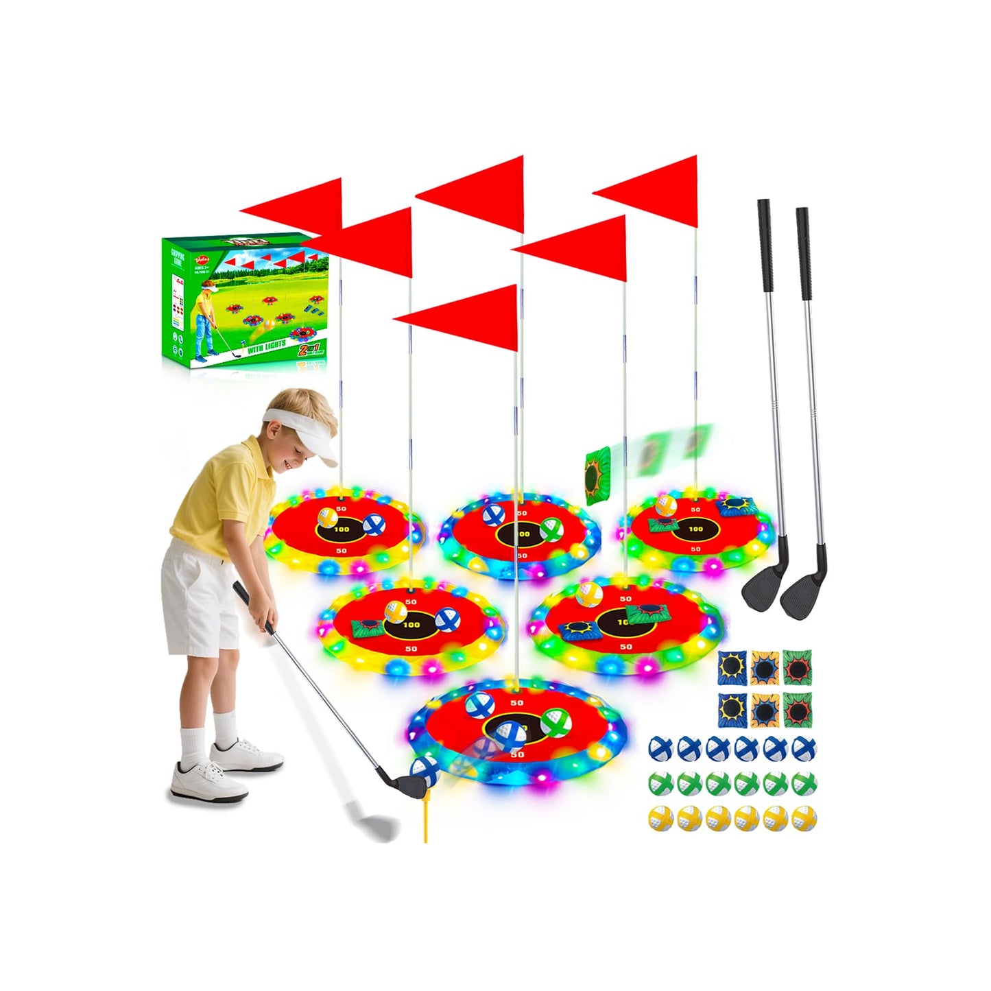 VATOS Light Up Golf Game Set for Kids, 2-in-1 Golf & Toss Game, 16 Balls, 2 Clubs, 6 Lighted Targets, Indoor & Outdoor Game Set, Gifts for Kids Boys Girls Ages 3-8