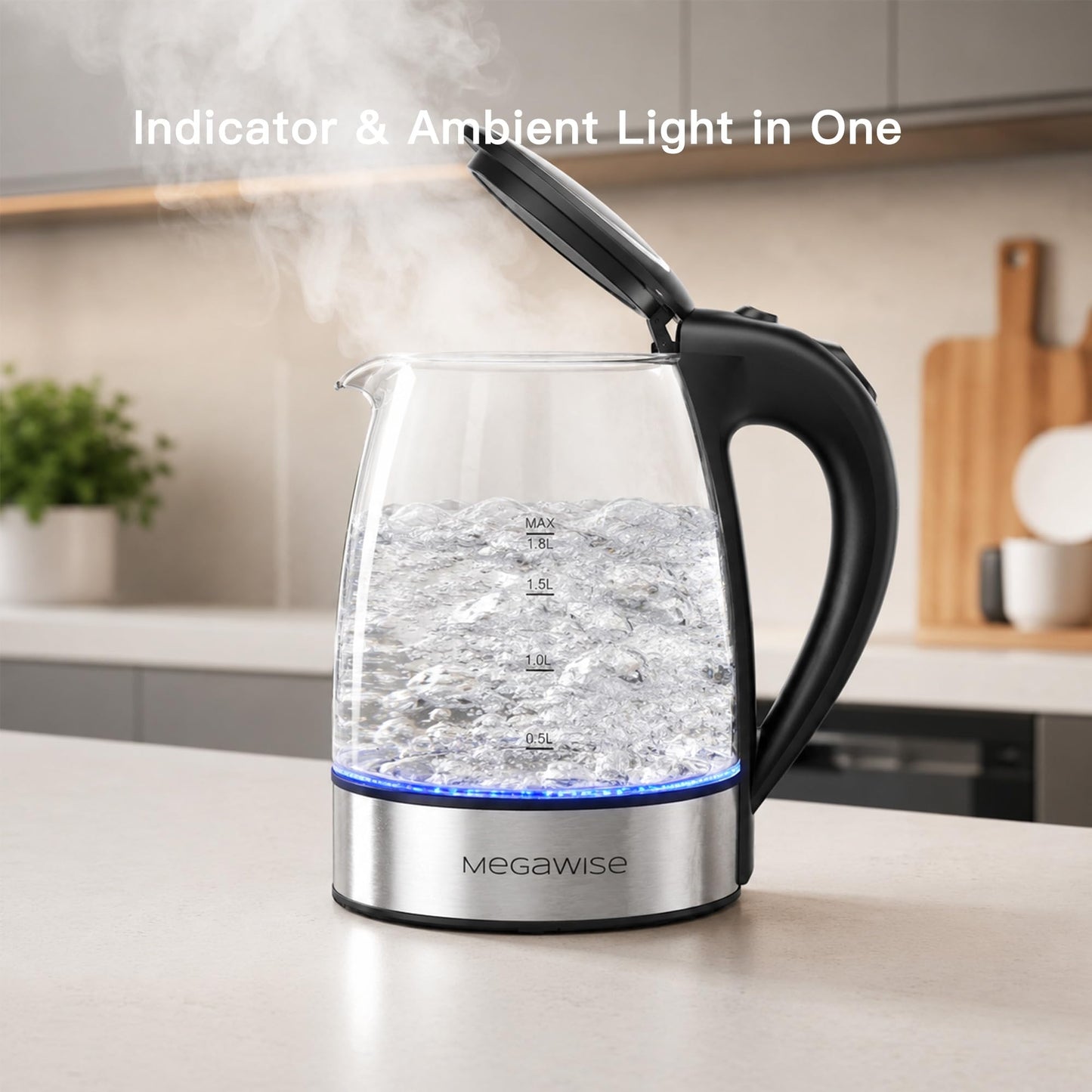 MEGAWISE Electric Kettle, No Plastic Contact with Water, Auto Shut-Off, Fast Boil, 1.8L Electric Glass Kettle, Hot Water Boiler, Tea Kettle, Borosilicate Glass, Black, 1000W