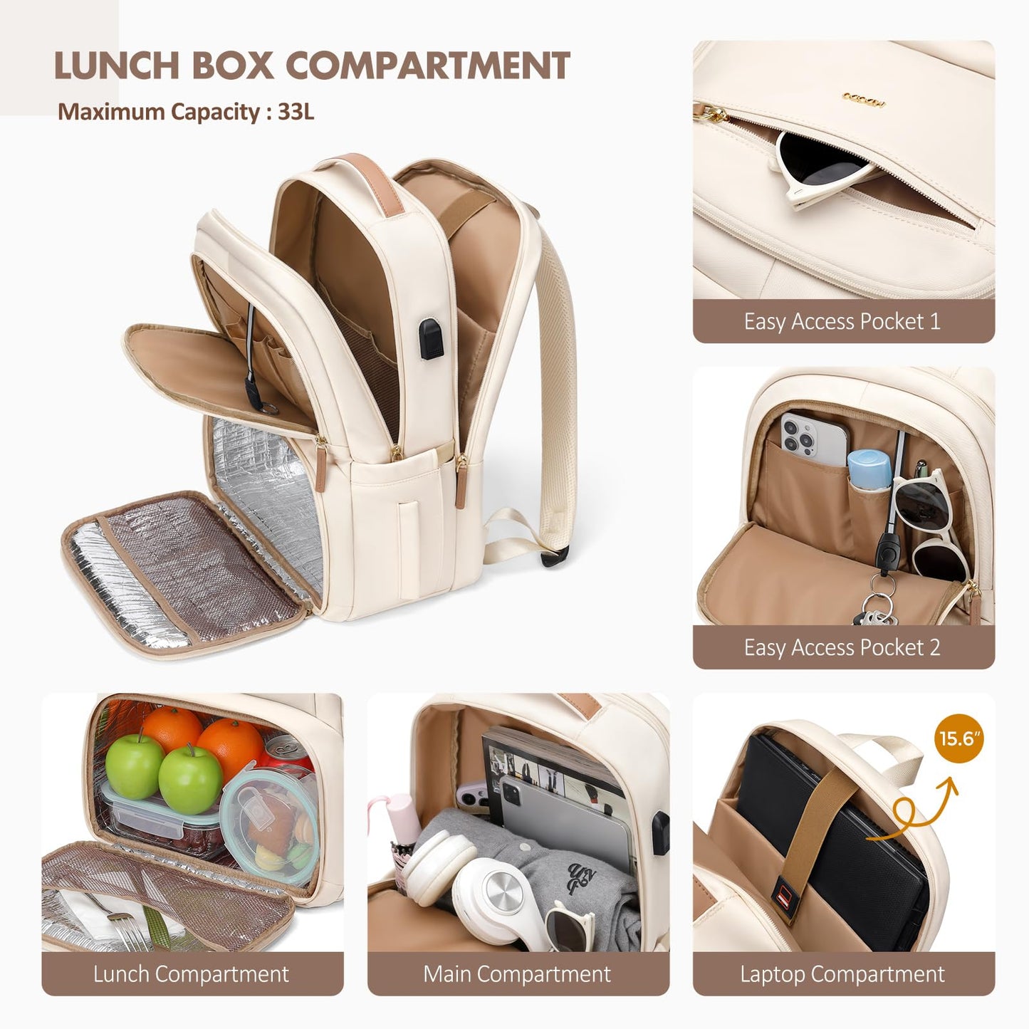 MDODO Lunch Backpack for Women Men,15.6Inch Insulated Lunch Box Backpack with USB Charging Port, Diaper Laptop Back pack for Travel Picnic Work Teacher Nurse,Beige