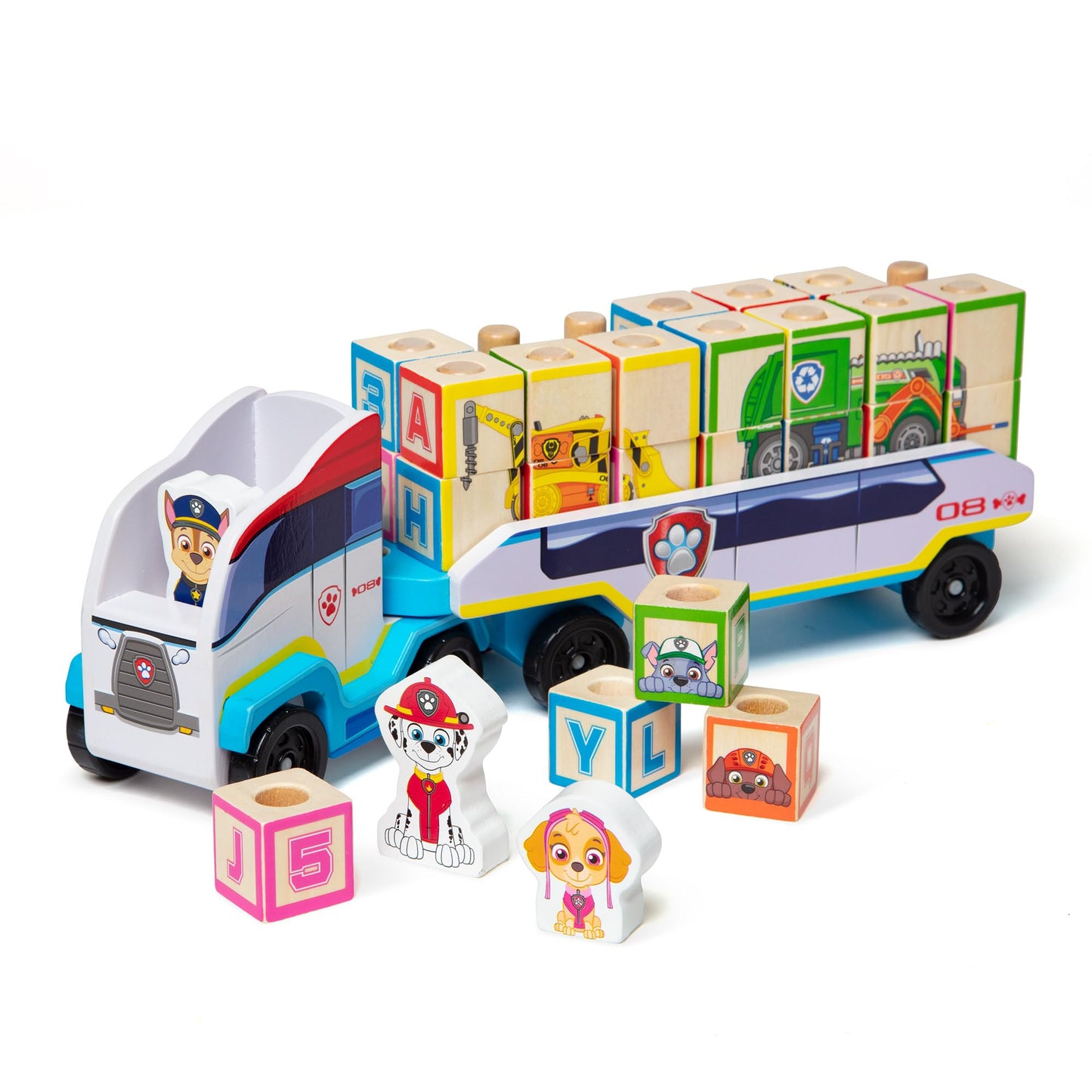 Melissa & Doug PAW Patrol Wooden ABC Block Truck (33 Pieces) PAW Patrol Sort and Stack Toys, Alphabet Blocks for Toddlers, Wooden Vehicle Toys for Kids Ages 3+