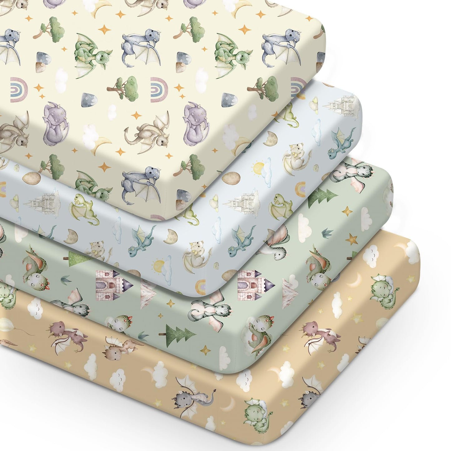 VitalCozy 4 Pcs Watercolor Dragon Crib Sheet Set Newborn Bedding Nursery Baby Sheets for Girl Boys Baby Gifts for Standard Crib and Toddler Mattresses, 52 x 28 x 8 Inches