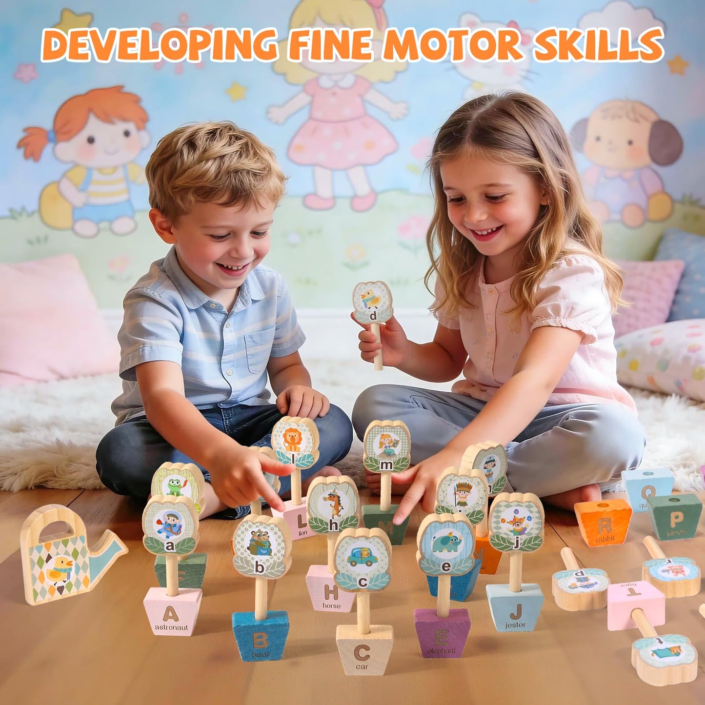 Montessori ABC Learning Toys for Kids, Wooden Matching Games for Toddlers 3-5 - Letter & Flower Matching Alphabet Puzzles with Storage Bag, Fine Motor Skills Toys Gift for Girls Boys 3+ Years Old