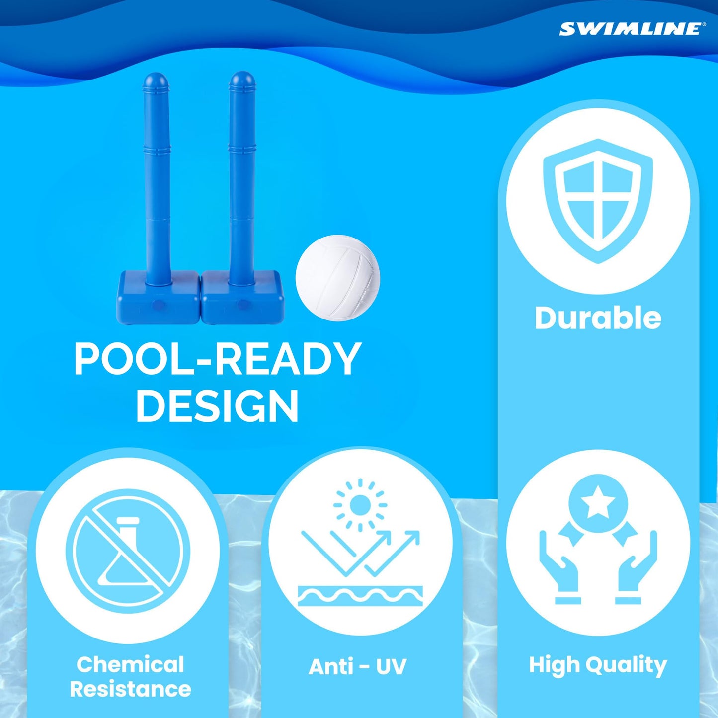 SWIMLINE ORIGINAL Pool Volleyball Net Games Set With Ball Adjustable Up To 20 Feet Wide | For Kids & Adults | 2 Blue Water-Fill Bases | Easy Assembly Compatible W/ Outdoor & Indoor Inground Pools