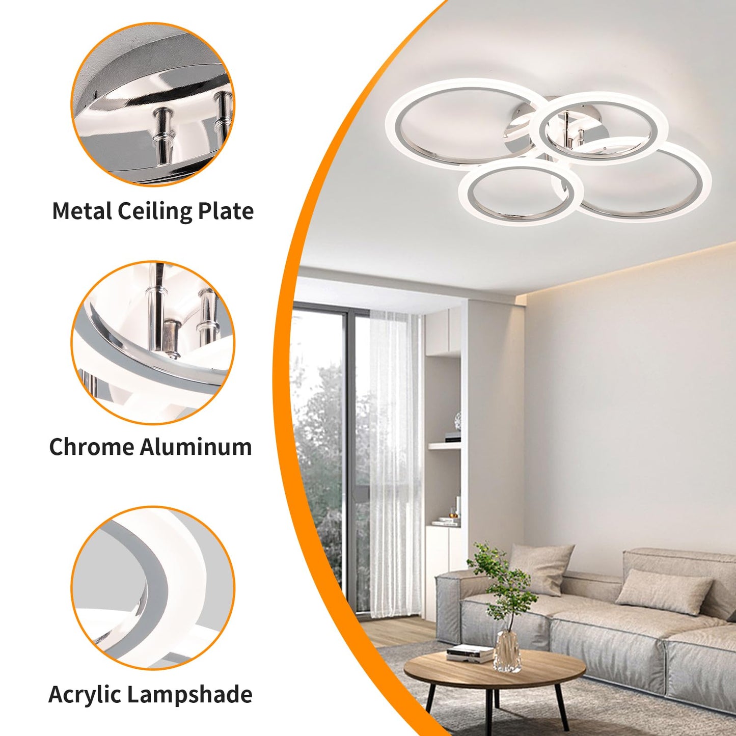 Vloitgol Modern LED Ceiling Light Fixture, 4 Rings Dimmable Flush Mount Ceiling Light with Remote, Acrylic Close to Ceiling Lighting Fixture for Low Ceiling Living Room Bedroom Kitchen (4 Heads)