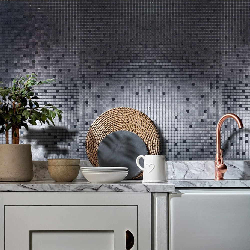 XUANINY 10-Sheet Peel and Stick Backsplash Tiles Black Surface Aluminum Mosaic Sticker for Kitchen (11.41"x11.41" Per Sheet, Pack of 10pcs) (10 Black)