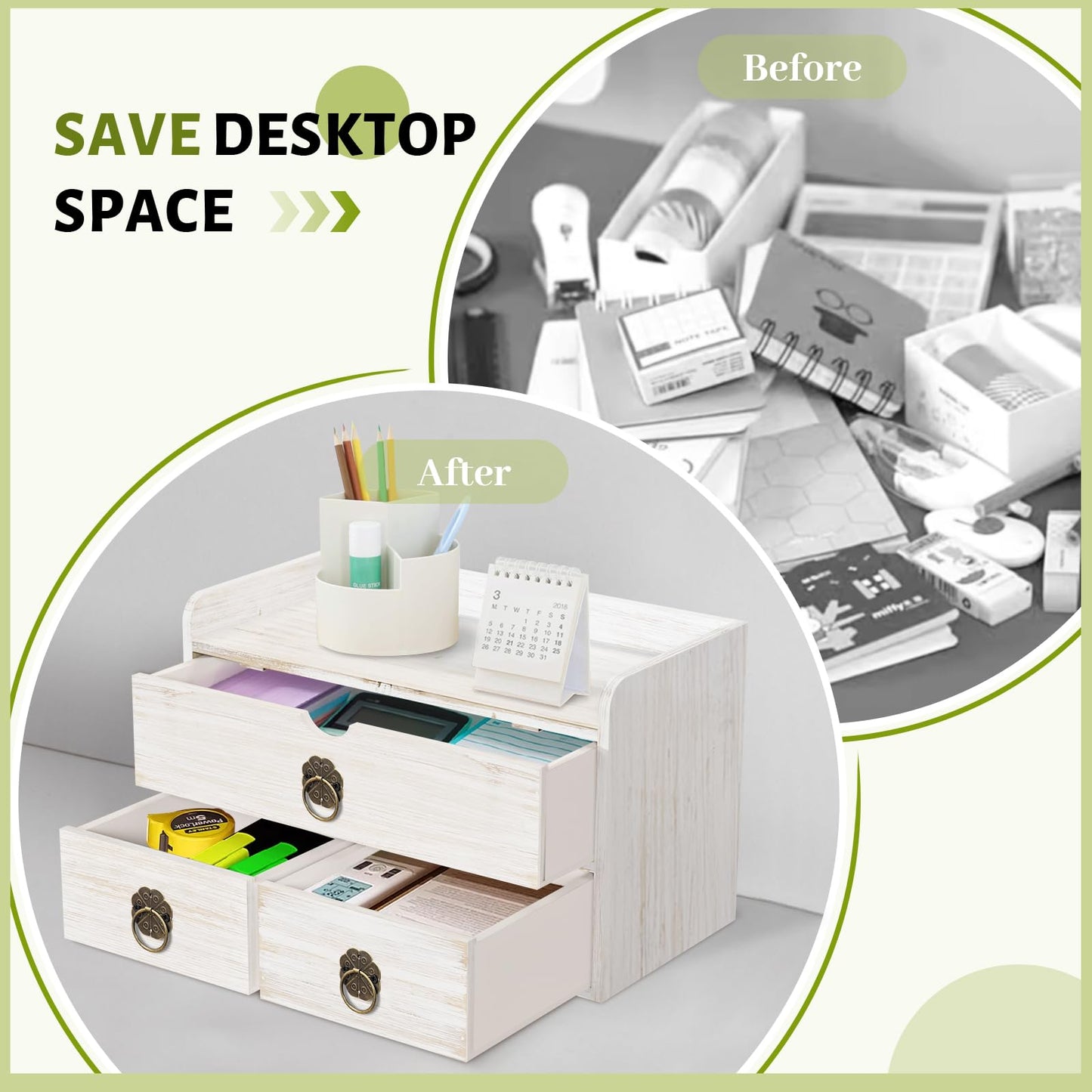 SeekElegant Wood Desk Organizer with Drawer, White Wooden Desktop Organizer, Tabletop Storage Organization Box for Countertop, Home Office Supplies, 13.5x6.6x8.2 Inch(3 Drawer and Shelf)