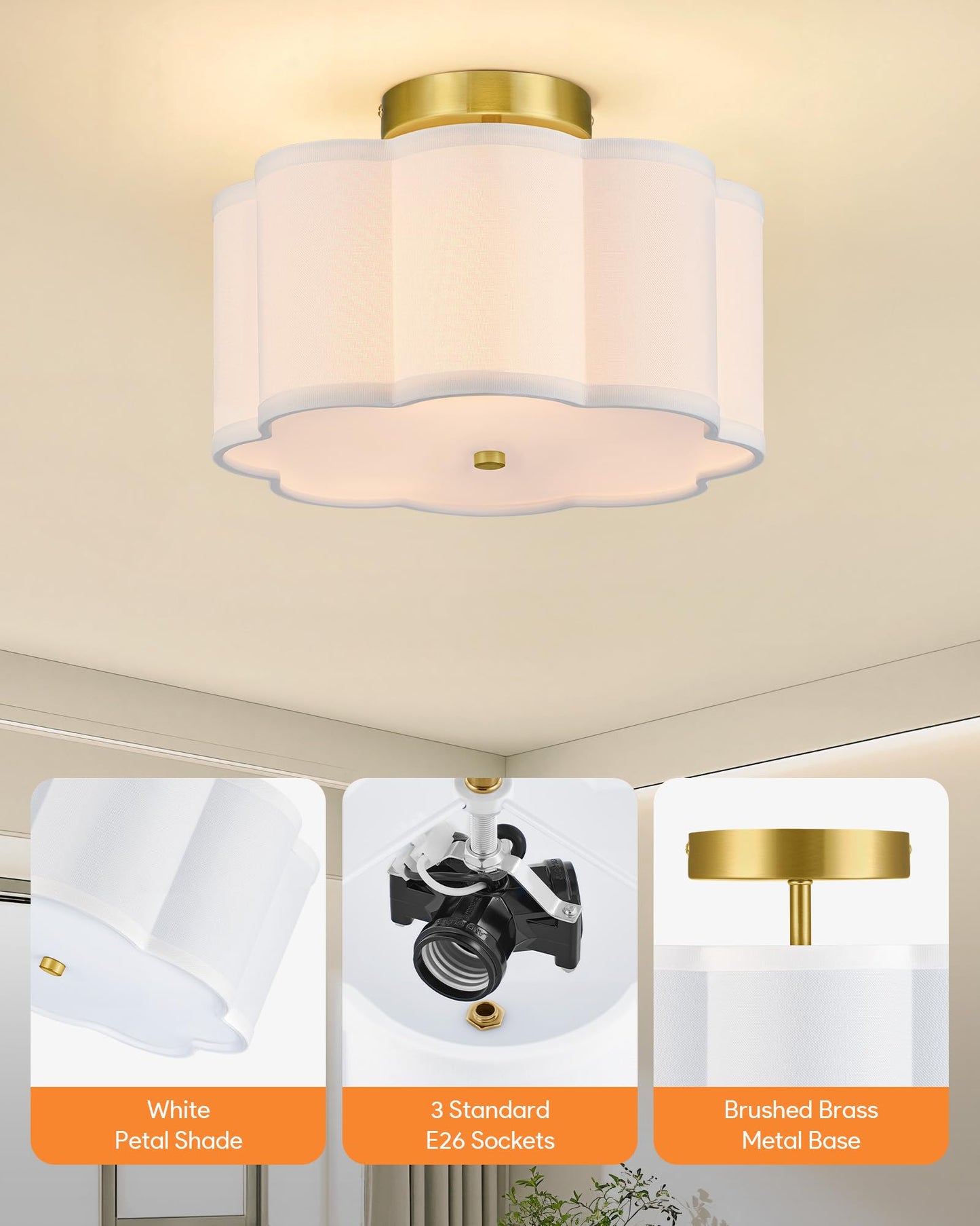 VONLUCE Semi Flush Mount Ceiling Light, 12.6" Ceiling Light Fixture with Flower-Shaped Fabric Shade, 3-Light Modern Light Fixture for Bedroom Living Room Nursery Hallway, White Shade & Gold Finish