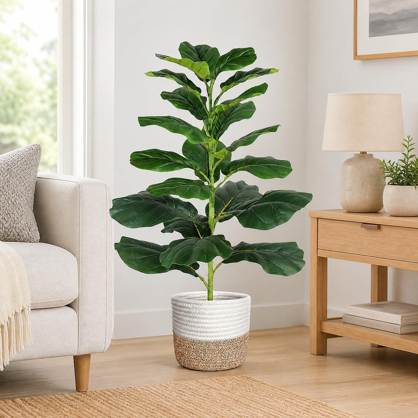 30" Artificial Fiddle Leaf Fig Tree, Realistic Fake Plants Faux Trees Indoor with Cotton Rope Basket, Artificial Plants Indoor for Apartment Home Living Room Office Decor