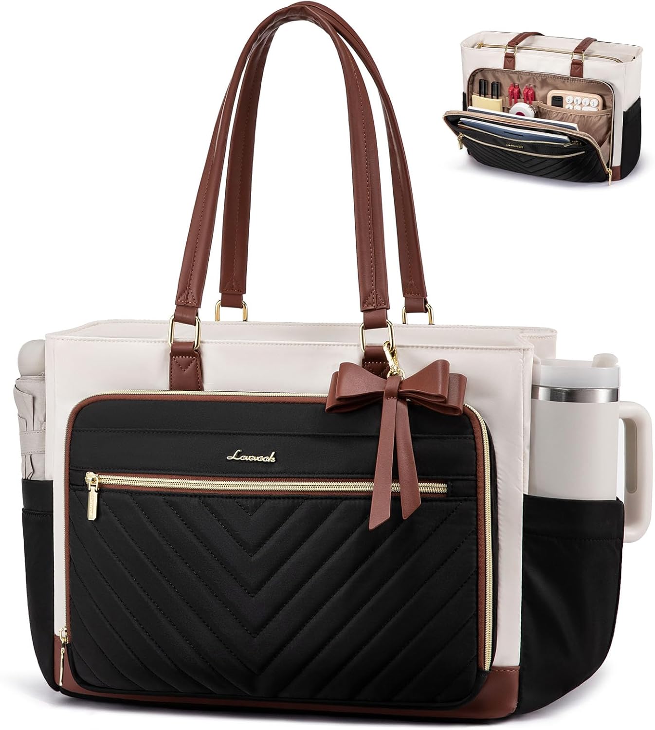 LOVEVOOK 17 Inch Laptop Tote Bag for Women, Teacher Nurse Work Tote Bags with Large Cup Holder & Multi-Pockets for Office Travel College, Computer handbags Quilted Diaper Bag Gifts, Beige-black-brown
