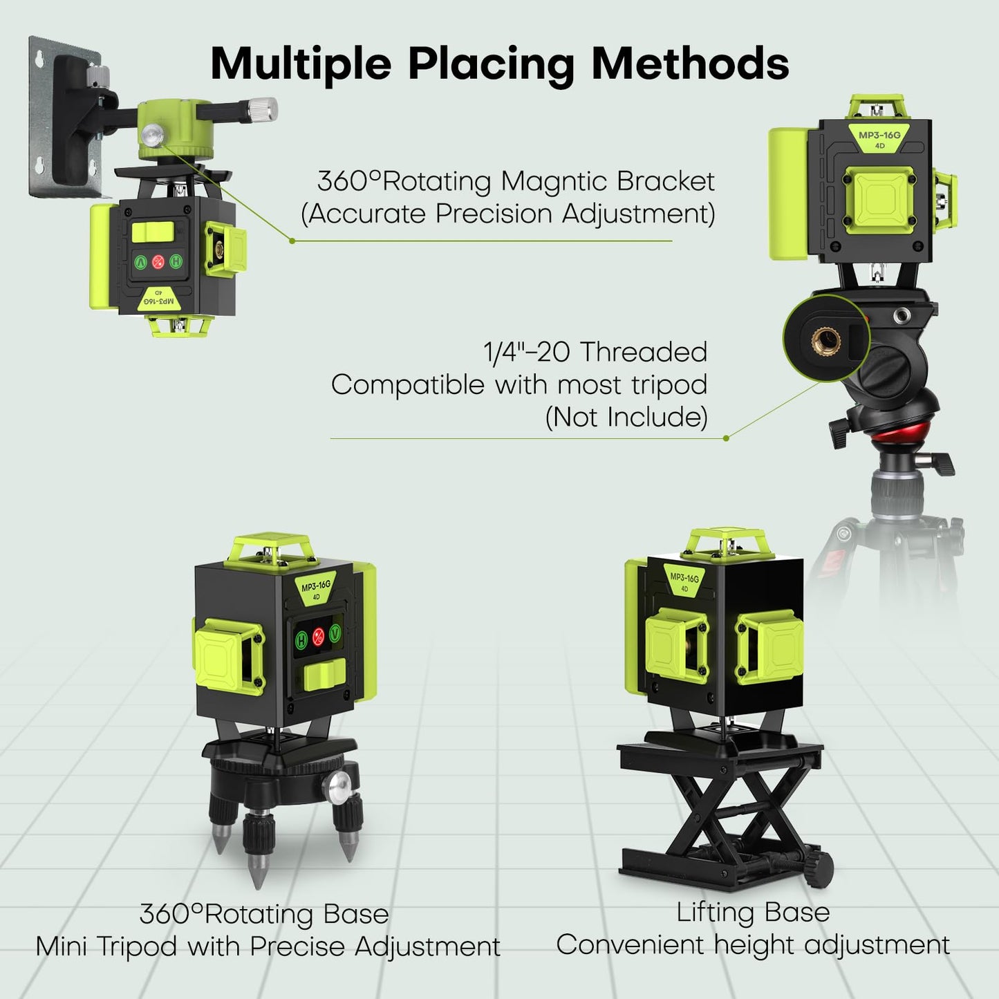 16 Line Laser Level 360 Self Leveling,4x360° Professional 4D Cross Line Green lazer Level with 2 Batteries for Construction and Picture Hanging,Adjustable Brightness Magnetic Bracket,Remote Control