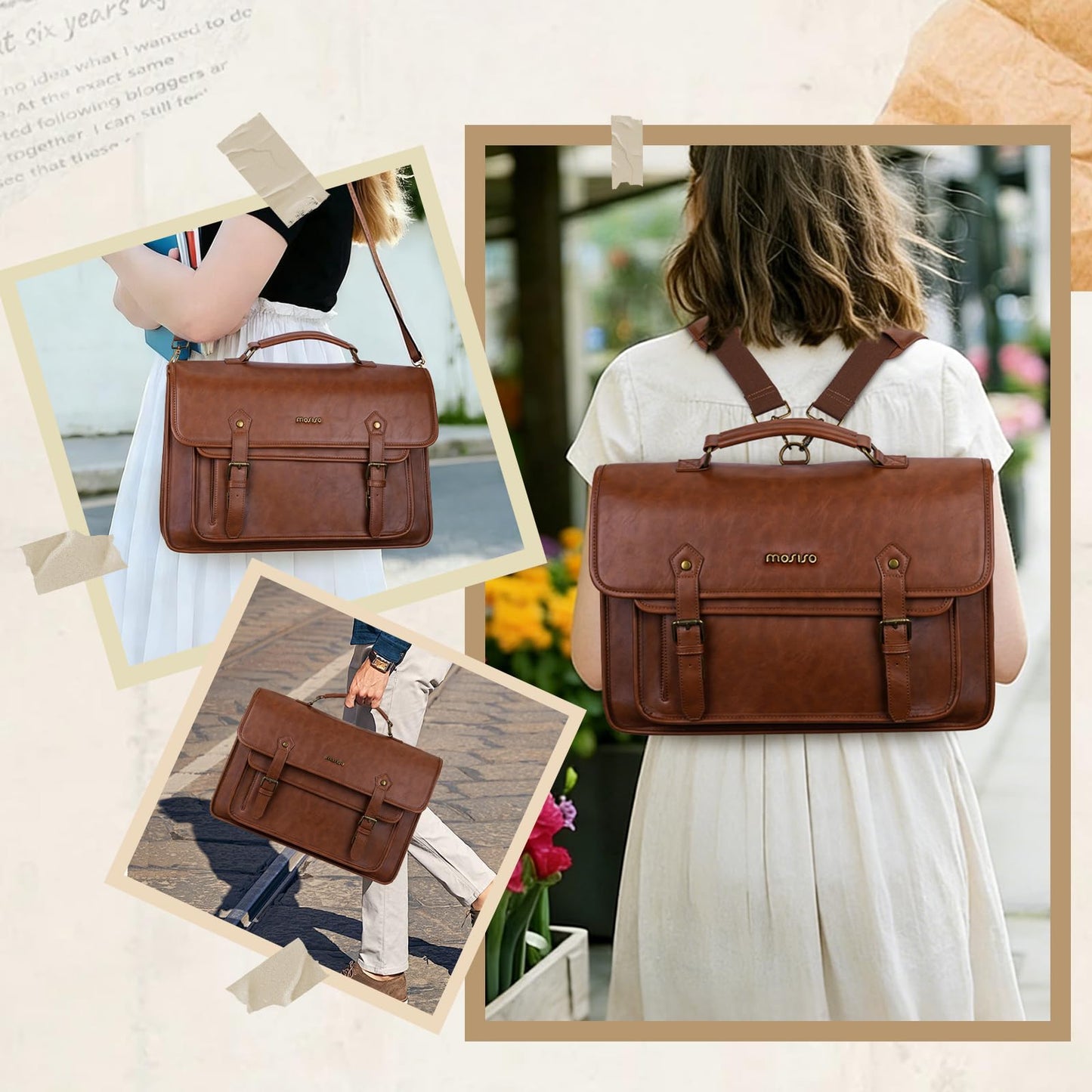 MOSISO 3 in 1 Laptop Bag, 15.6 inch PU Leather Shoulder Bag Briefcase Messenger Satchel Laptop Backpack, 15-16 inch Computer Bags Handbag Bookbag, Brown