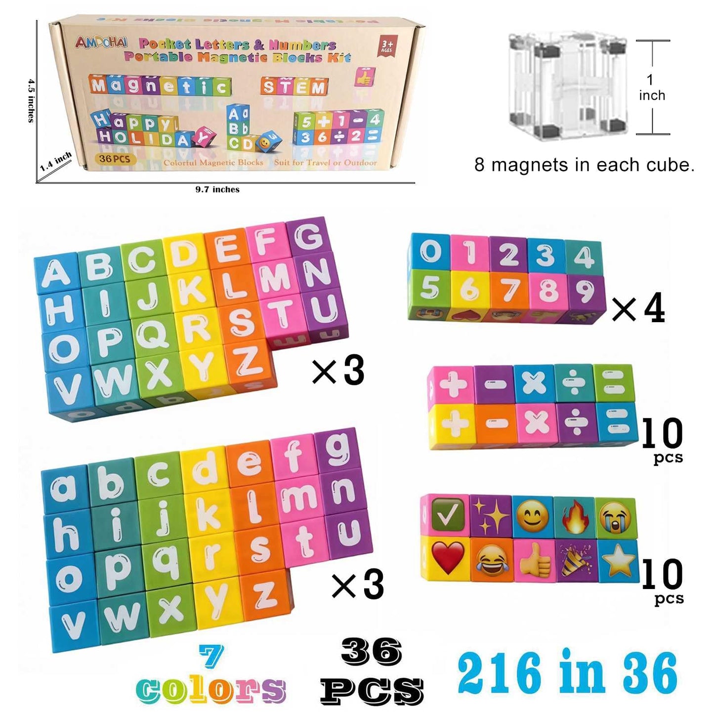Magnetic Letters & Numbers Blocks 1 Inch Magnetic Alphablocks ABC Learning Toys Preschool Educational Gift