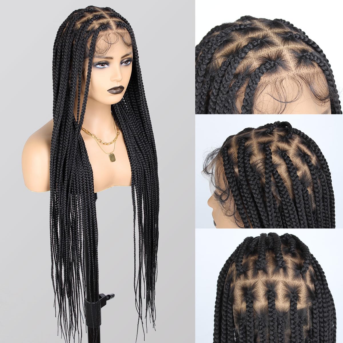 QUISDUIS 36 Inch Full Lace Braided Wigs for Black Women, 360° HD Single-layer Square Knotless Box Braid Wig with Baby Hair Handmade Synthetic Hair Blended Lace Front Wig Natural Black
