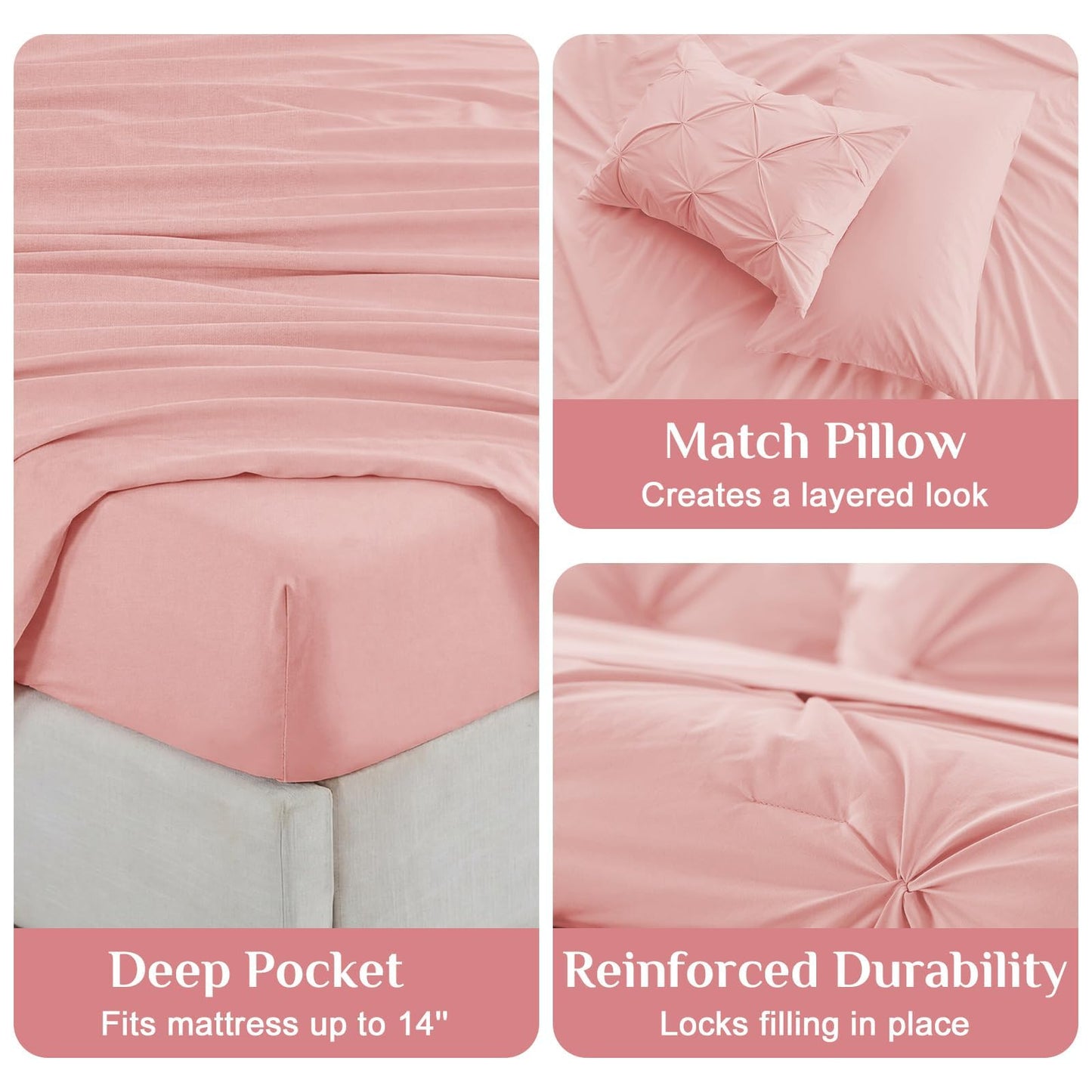 JOLLYVOGUE Full Size Comforter Sets 7 Pieces - Bed in a Bag Full for All Season, Pintuck Bedding Comforter Sets with Comforter, Flat Sheet, Fitted Sheet and Pillowcases & Shams, Pink