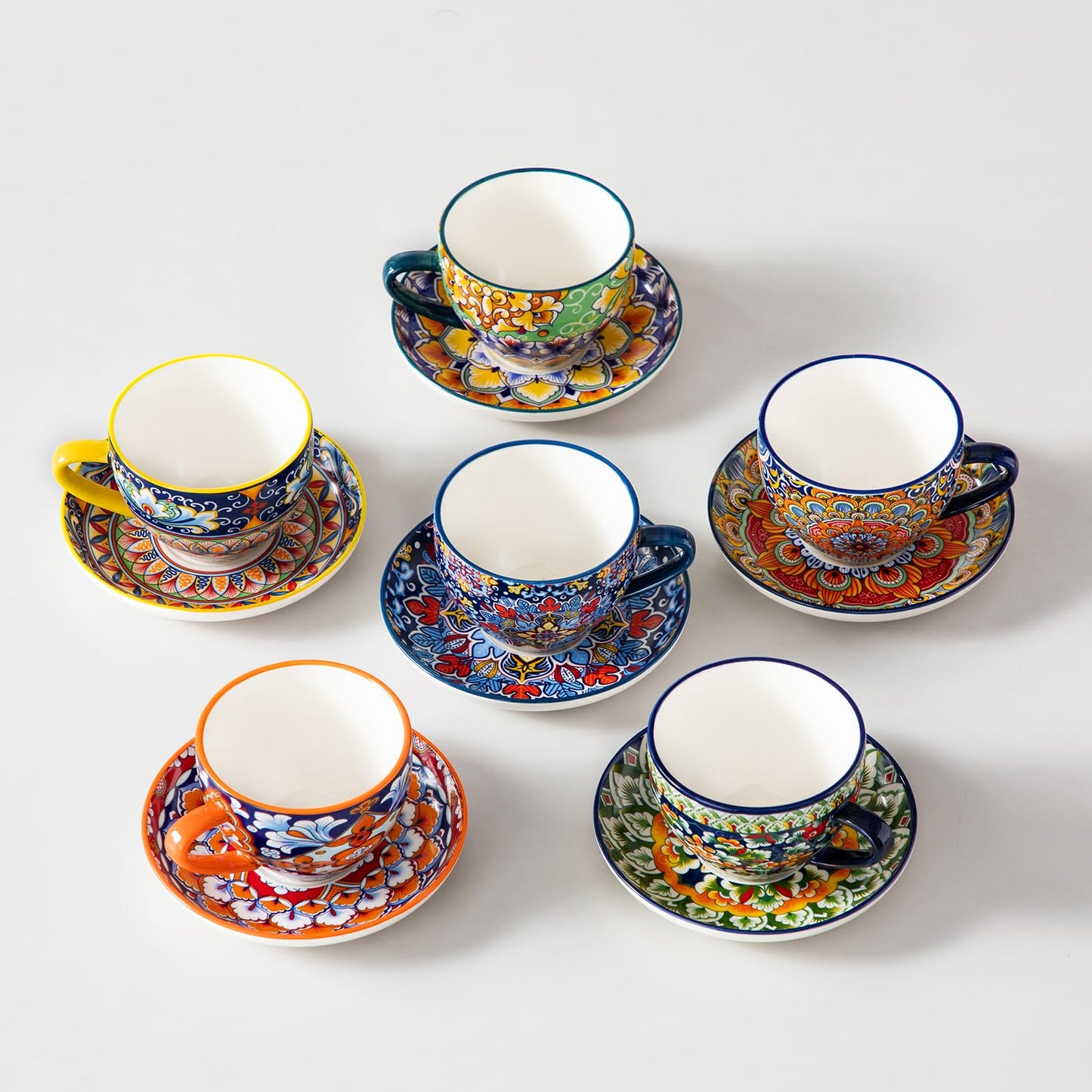 vancasso 8 oz Cappuccino Cups with Saucers Set of 6, Bohemian Ceramic Coffee Cup for Latte, Tea, Espresso, Microwave & Dishwasher Safe - Porcelain Tea Cups and Saucers for Kitchen or Cafe