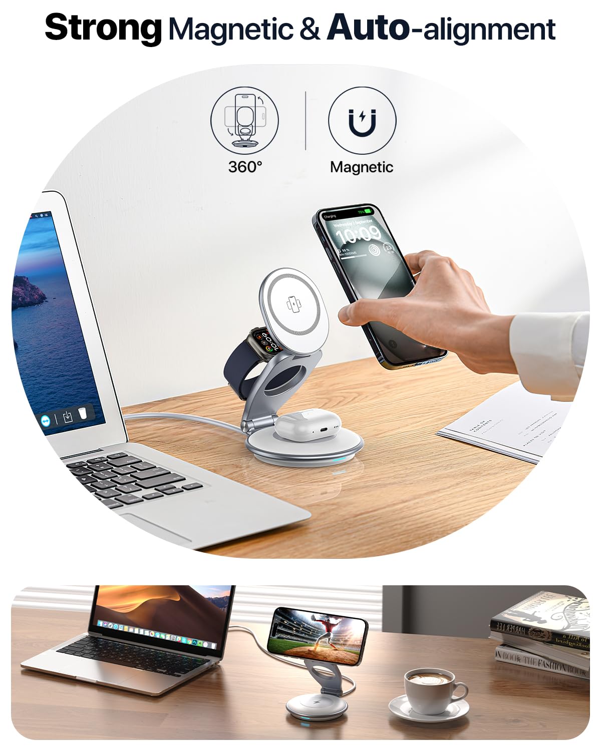 EXW Wireless Charging Station for Magsfe Charger,3 in 1 Wireless Charger for Magsafe Charging Station,Foldable Charger for iPhone 16/15/14/13/12 Series for Apple Watch & AirPod(30W Charger Included)