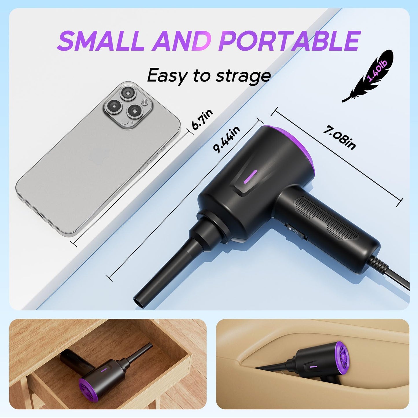 Goweto Compressed Air Duster - Air Blower - Keyboard Cleaning Kit - Energy Efficient - Environmental Alternative to Spray Air Can - 5.74 oz Powerful Motor(Purple)