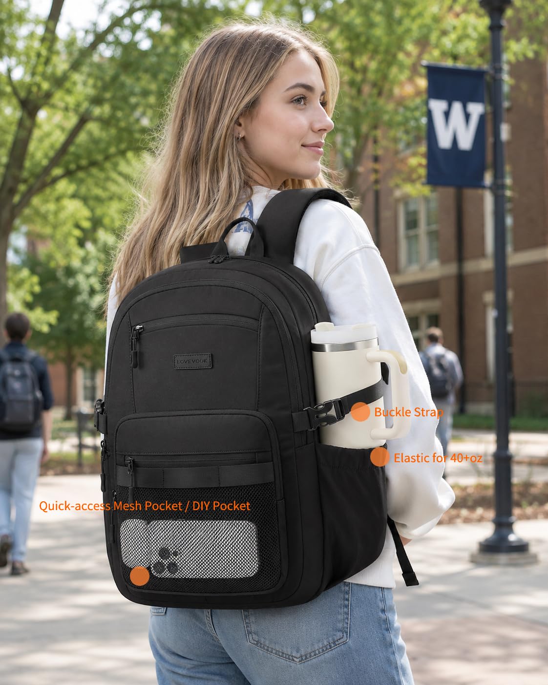 LOVEVOOK Laptop Backpack Women/Men with 40oz Cup Holder Buckle Strap, 17.3 Inch Tech-Ready Work Backpack, TSA-compliant for Travel & College with Versatile Mesh Pocket, Black