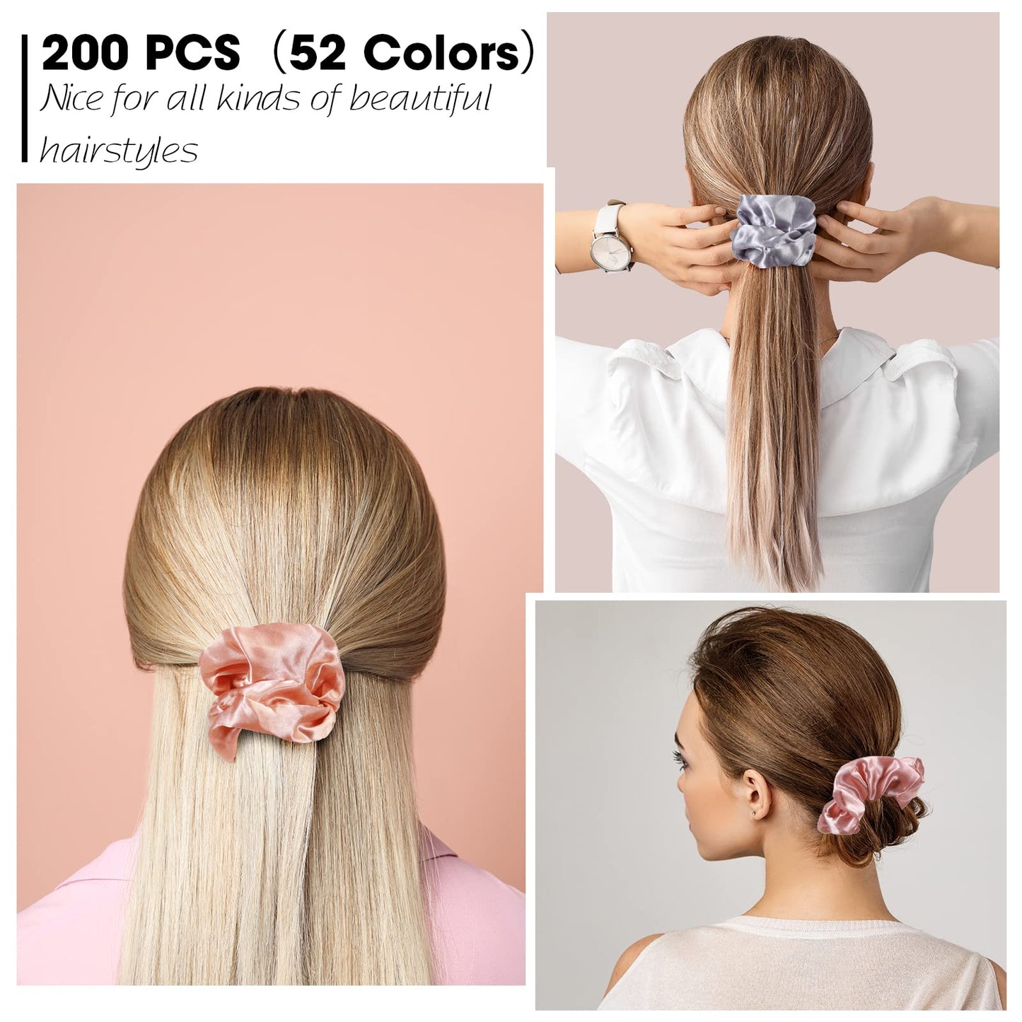 200 Pieces Satin Hair Scrunchies Bulk, 52 Colors Scrunchies for Ponytail Holder Solid Color Satin Hair Tie Hair Elastics Bands for Women Teens Birthday Gift