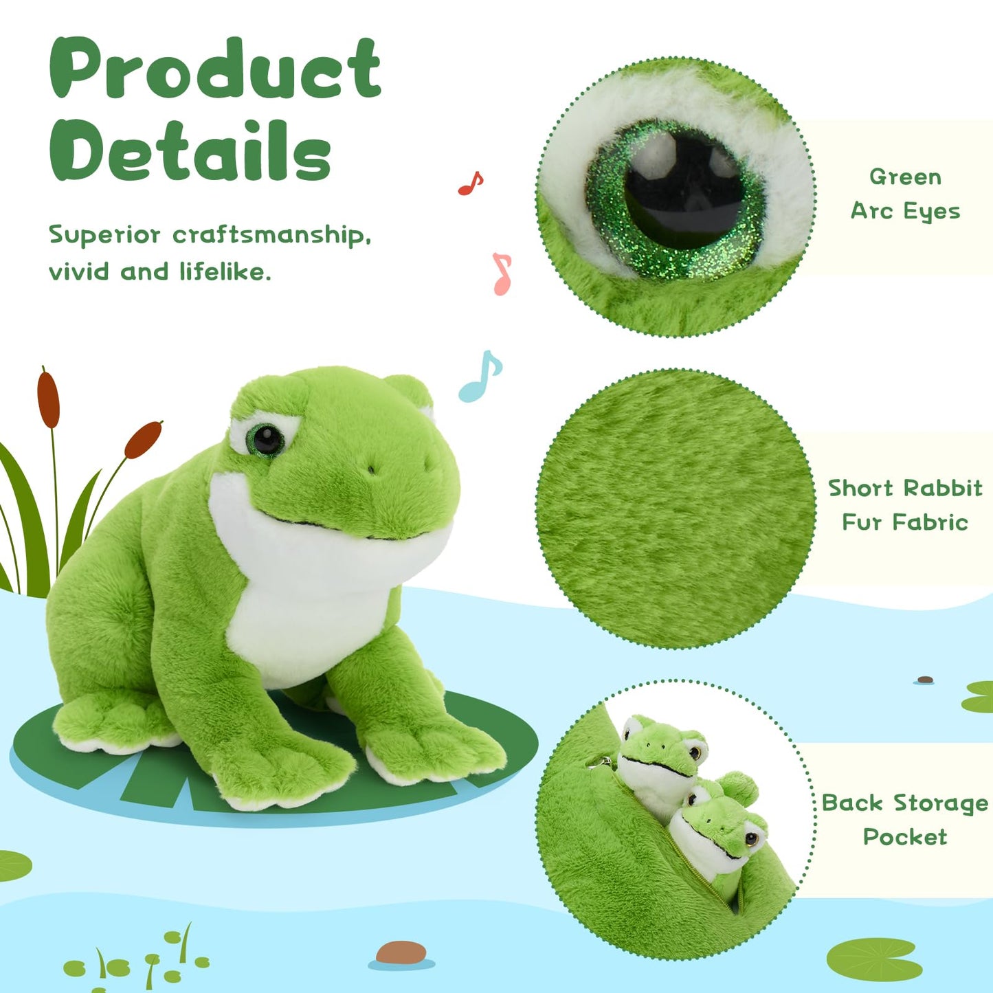 MorisMos Plush Frog and Baby (1 Mommy + 3 Baby) 15.7" Green Frog Plush Set Ultra Soft Cuddly Birthday & Christmas Toddler Kids Boys Girls