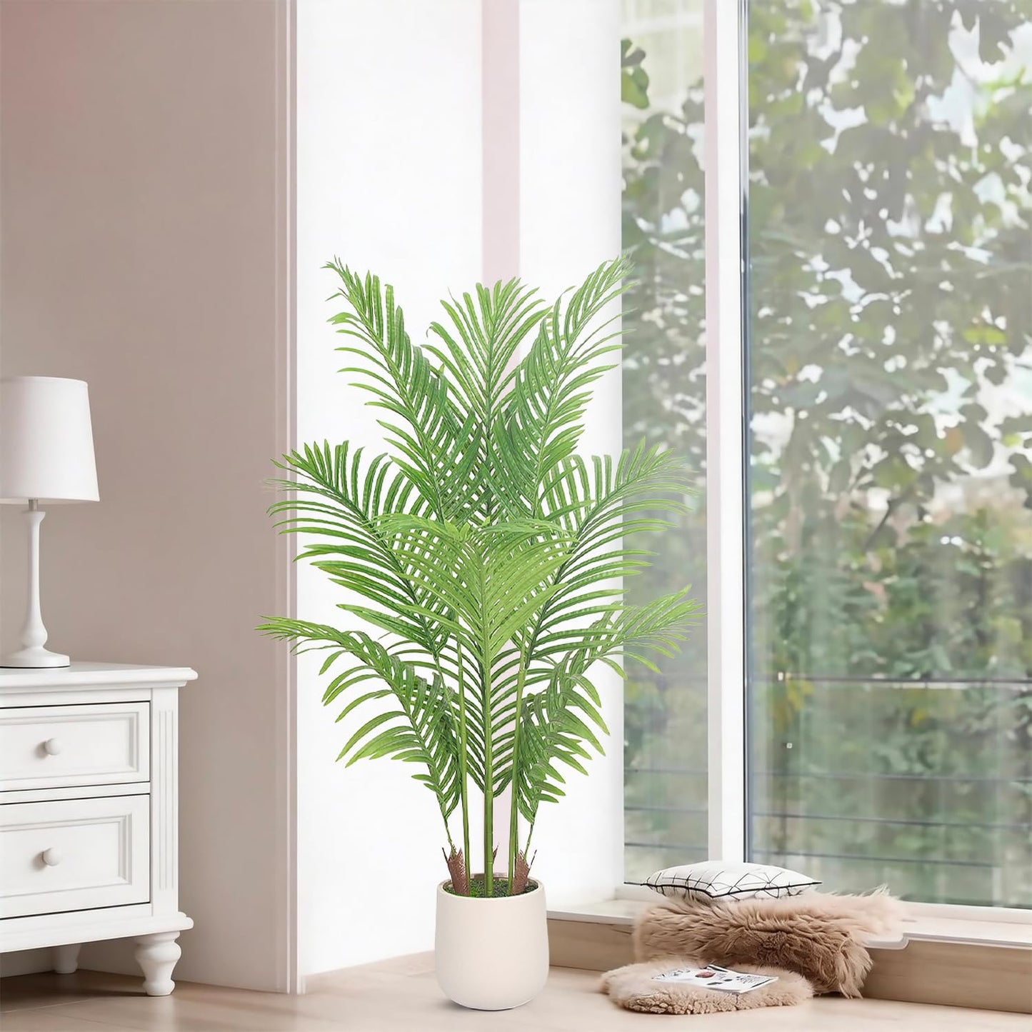 Artificial Palm Tree 4FT, Fake Tree Tall Fake Plant with White Planter, Artificial Tree Faux Floor Plant Artificial Plant Indoor for Home Office Living Room Decor