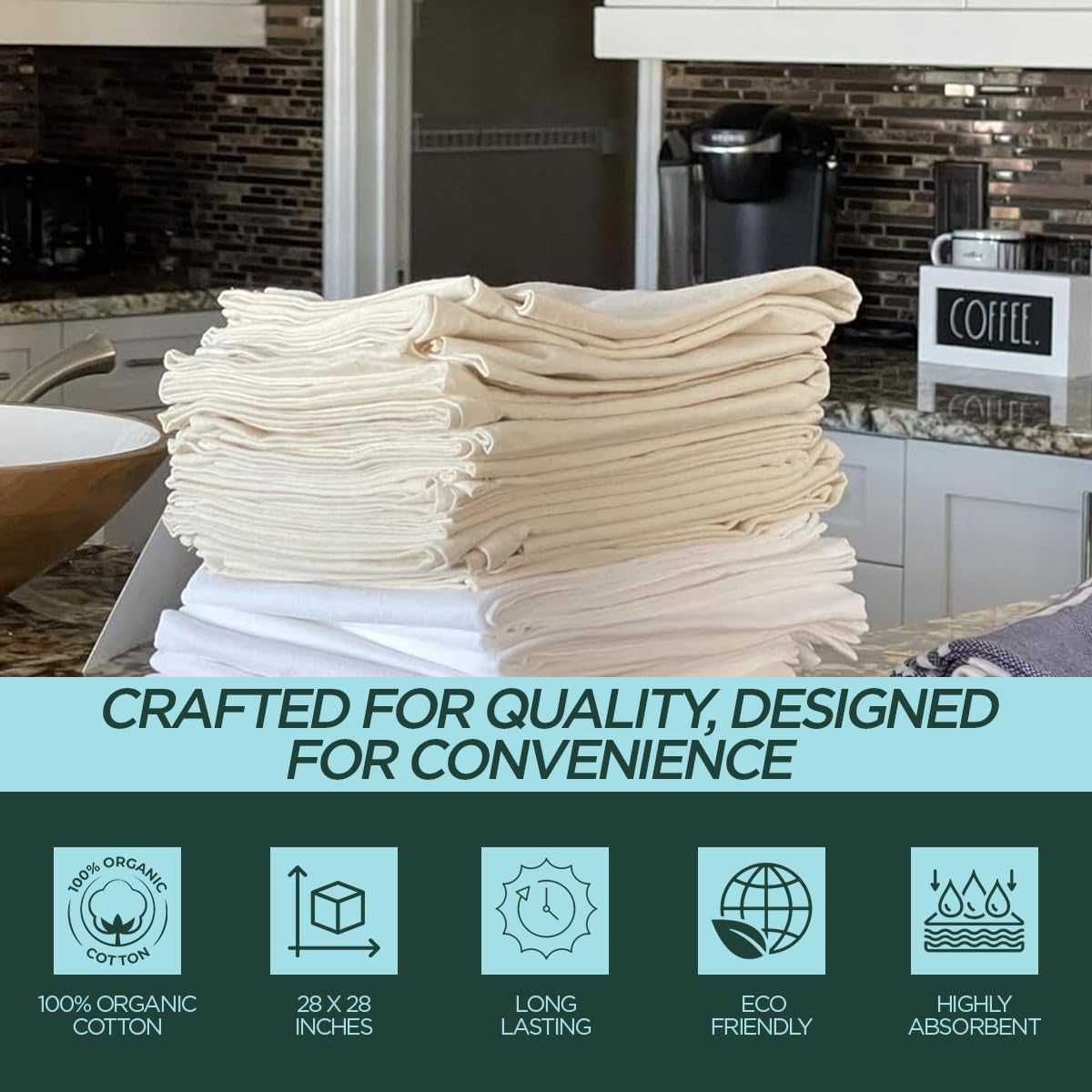 Flour Sack Kitchen Towels |Organic Cotton Blank Towel| Tea Towel Crafting Embroidery|Flat Thick Absorbent Quick Dry | Baking Bread Proofing Breathable Linen Cloth Cover Set of 10, 28 x 28 Inch, Ivory