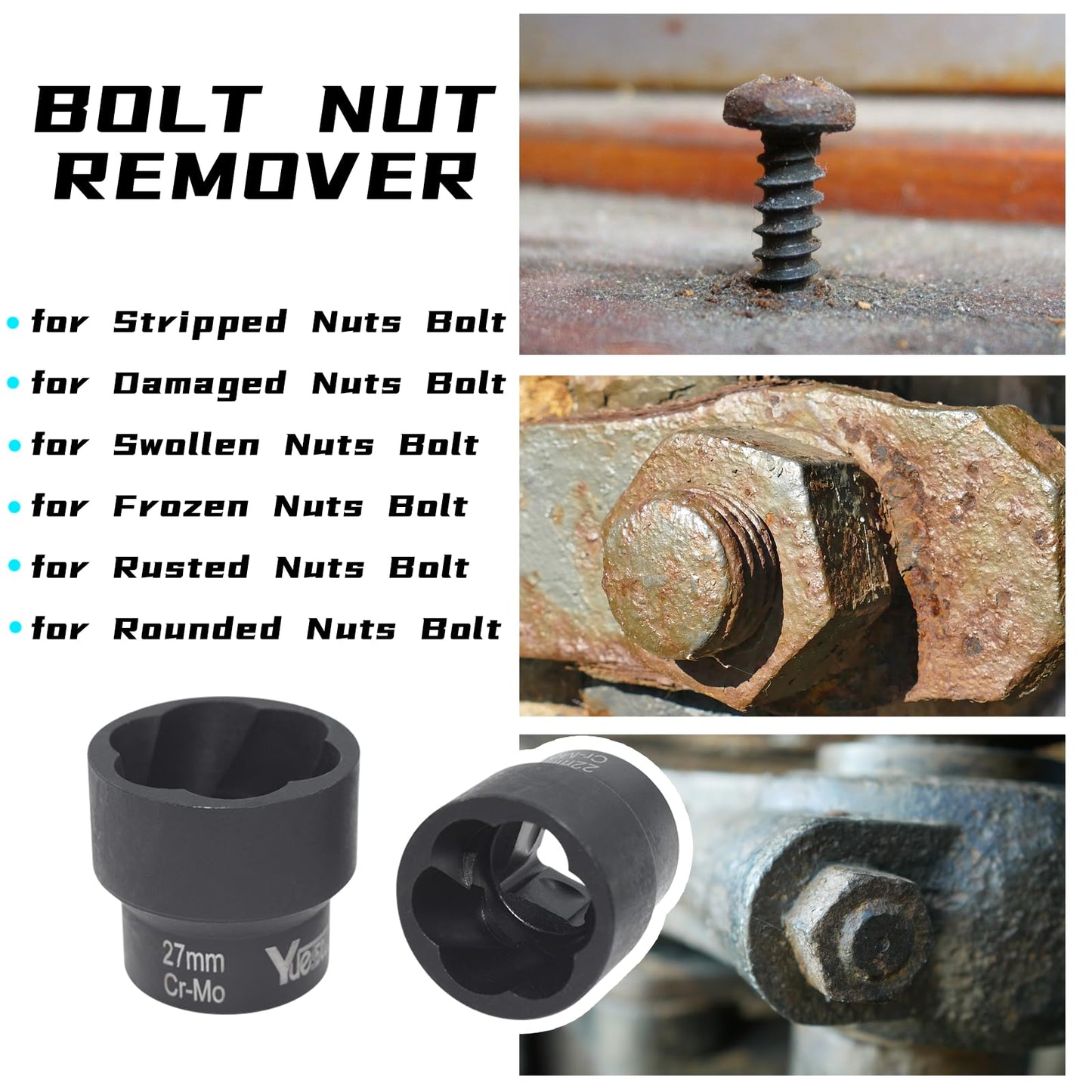 22 Pcs Bolt Nut Extractor Set, Yuesstloo 1/2" and 3/8" Drive Wheel Lock Removal Kit for Extracting Damaged, Stripped Frozen Nuts & Screws Twist Socket Set, Impact Lug Nut Remover Socket Tool