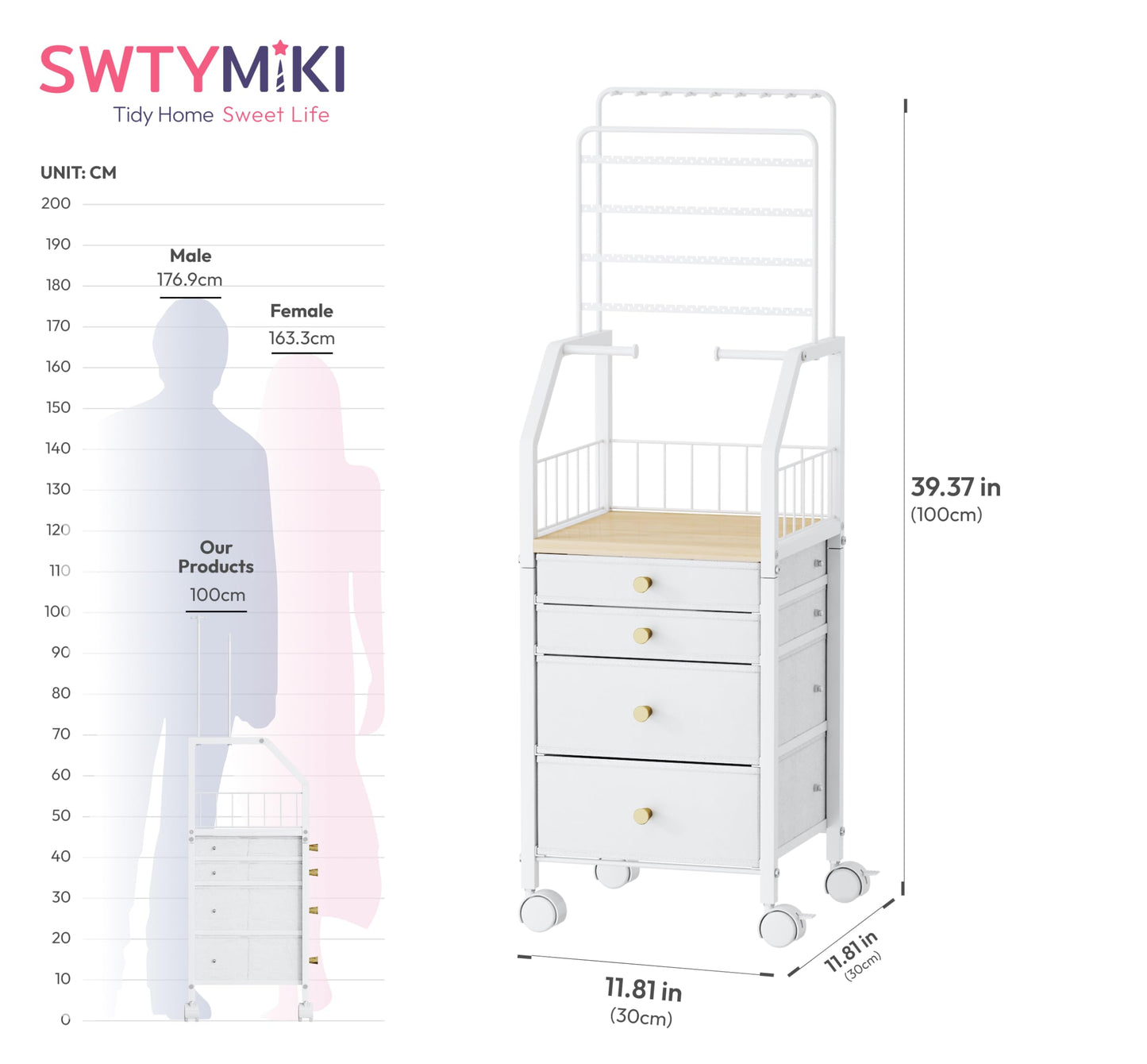 SWTYMIKI Jewelry Organizers and Storage- Multifunctional Stand Jewelry Organizer Cabinet for Necklace, Earring, Ring & Bracelet - Jewelry Box Necklace Holder with 4 Nonwoven Drawers & Wheel White