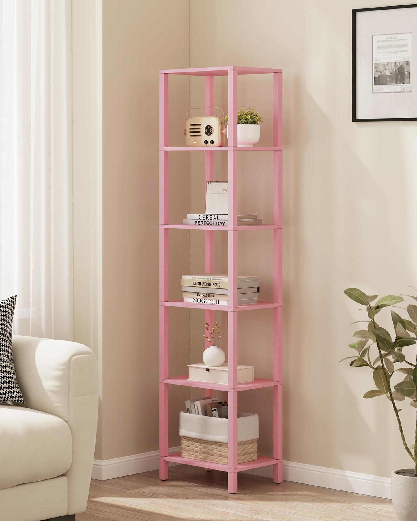 TUTOTAK Bookshelf, 6-Tier Tall Book Shelf, Narrow Bookcase for Small Space, DIY Stackable Bookshelf, for Living Room, Office, Study, Entryway, Industrial, Pink BS01BP006