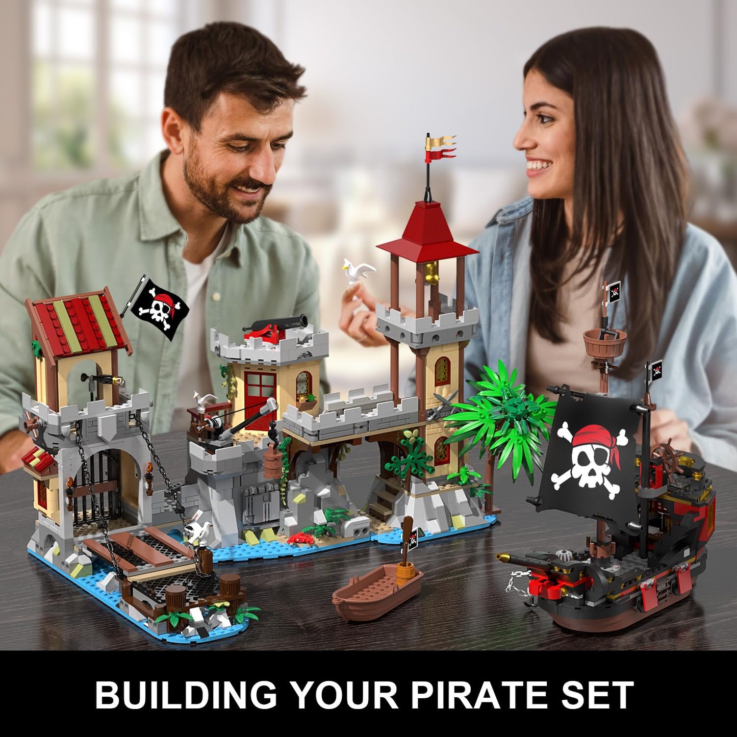INSOON Pirate Castle Building Set with Light, 3 Modes Big Pirates Ship Bay Building Block 1502 PCS, Medieval Pirate Wharf House Construction Model Toy Home Decor for Adults Teens Boys Girls 10+