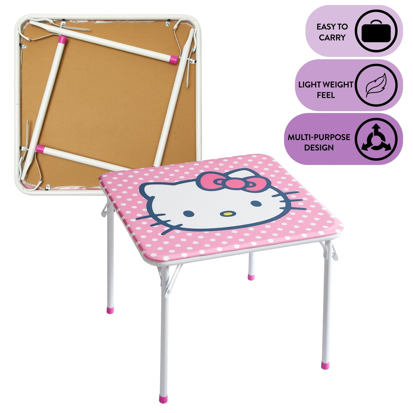 Hello Kitty Kids Activity Table and Chair Set, 3-Piece Square Table with 2 Folding Chairs, Sanrio Character Design,Furniture Set for Ages 3+