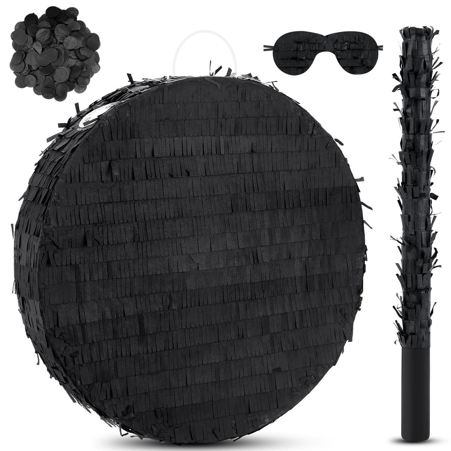 Jenaai 16 Round Blank Piñata with Piñata Stick Bat Blindfold and Confetti for Adults Kids Boys Girls Birthday Carnival Party Supplies to DIY and Create Your Own Piñata(Black)