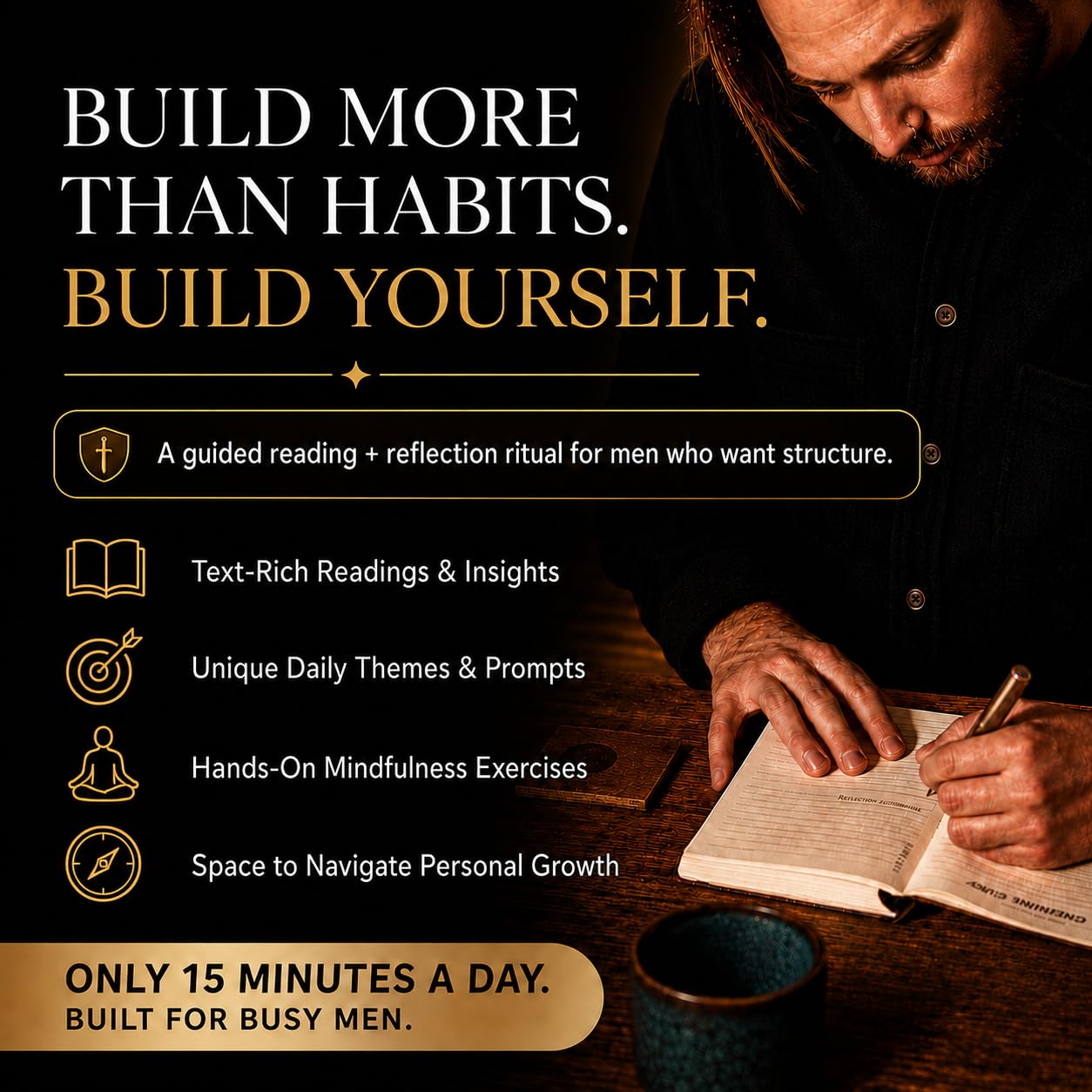 Simply Zen Journal & Pen Set for Men | 13-Week Guided Mindfulness & Self Mastery Journal with Solid Brass Pen | Short Readings, Daily Prompts & Reflection Exercises | A5 Vegan Leather | Gift Box