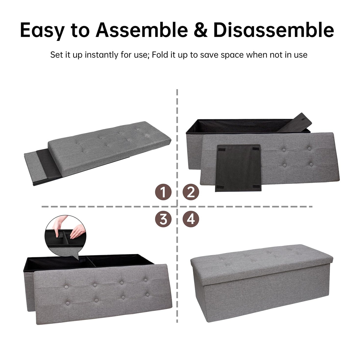 GLAXYFUR 43.3 inches Folding Storage Ottoman Bench Storage Chest Footrest for Bedroom, Entryway and Living Room, Holds up to 660 lb Dark Grey