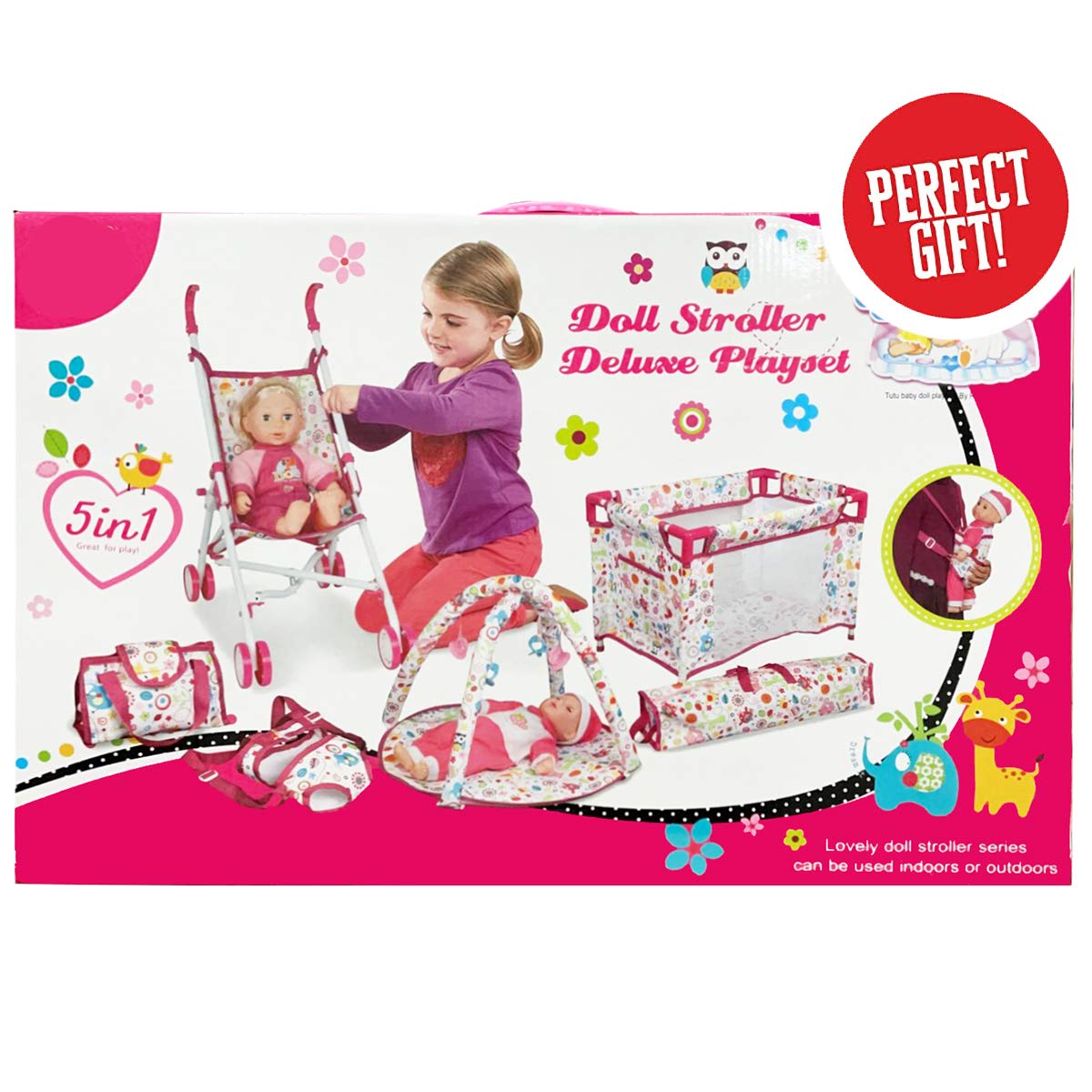 Liberty Imports 5-in-1 Deluxe Newborn Baby Doll Stroller Nursery Playset with Play Mat, Playard, Baby Carrier, and Travel Bag (Doll Included)