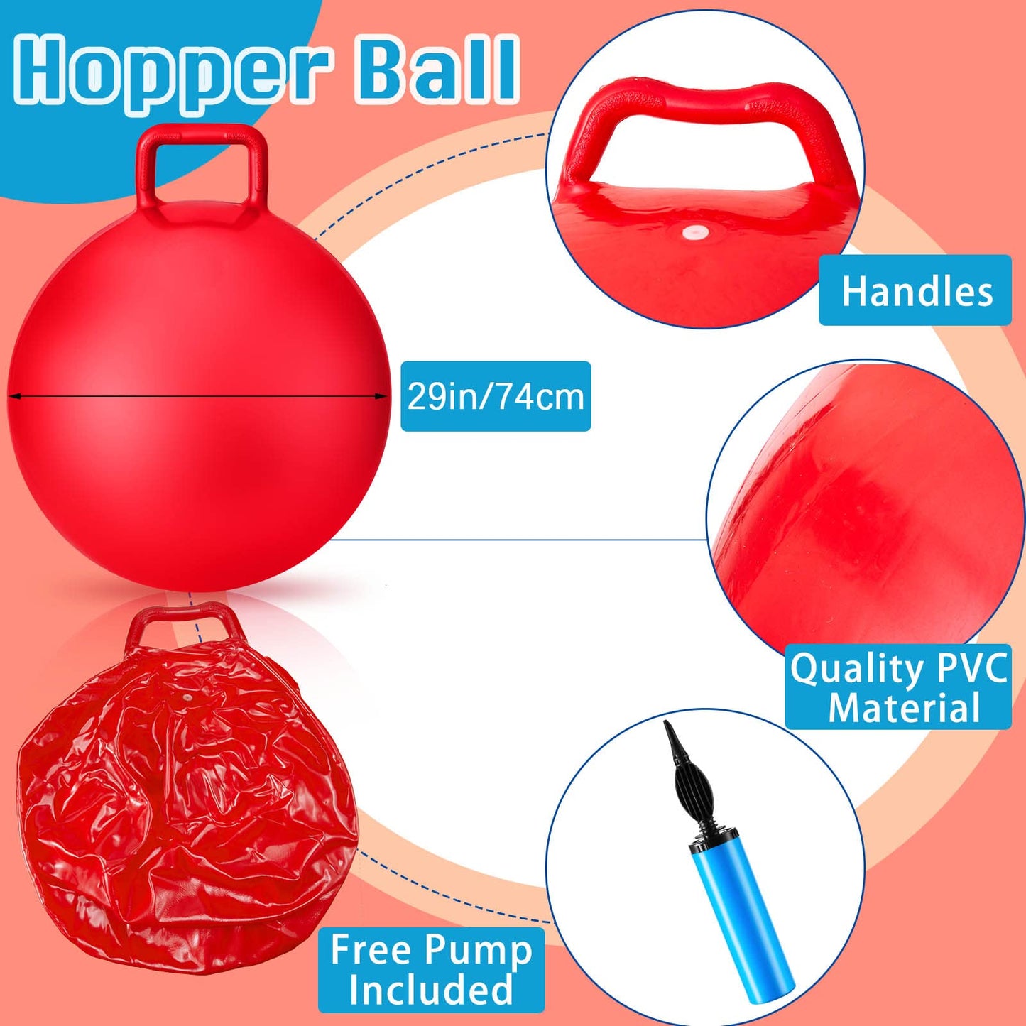 Lewtemi 3 Pcs 29 Inch Bouncing Ball with Handle, Outdoors Hopper Jumping Hopping Ball and Air Pump for Sports School Games Exercise (Red, Blue, Green)