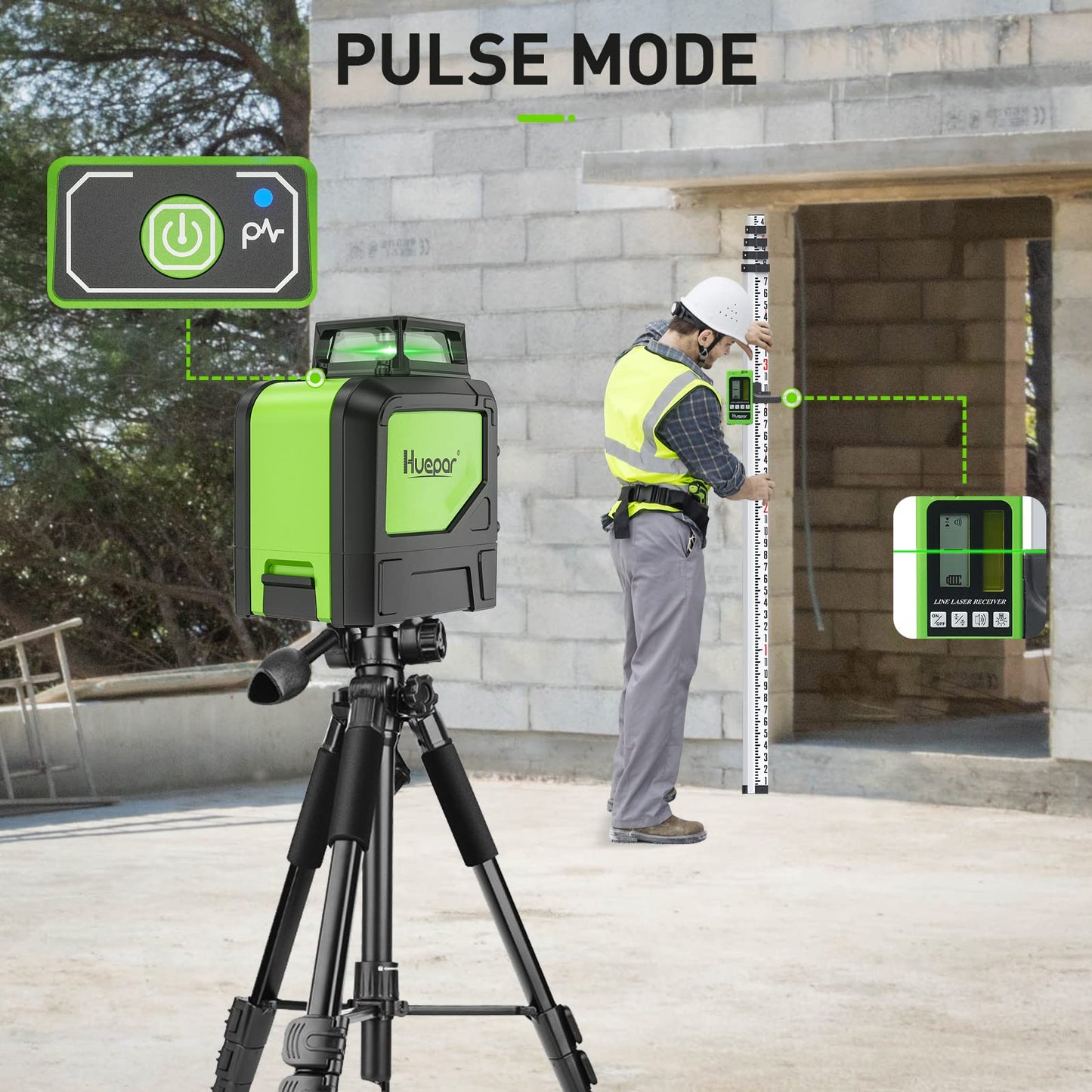 Huepar 901CG Self-Leveling Laser Level, 360 Green Beam Cross Line Laser Tool, Alignment 360-Degree Horizontal Line with Pulse Mode, Magnetic Pivoting Base Included