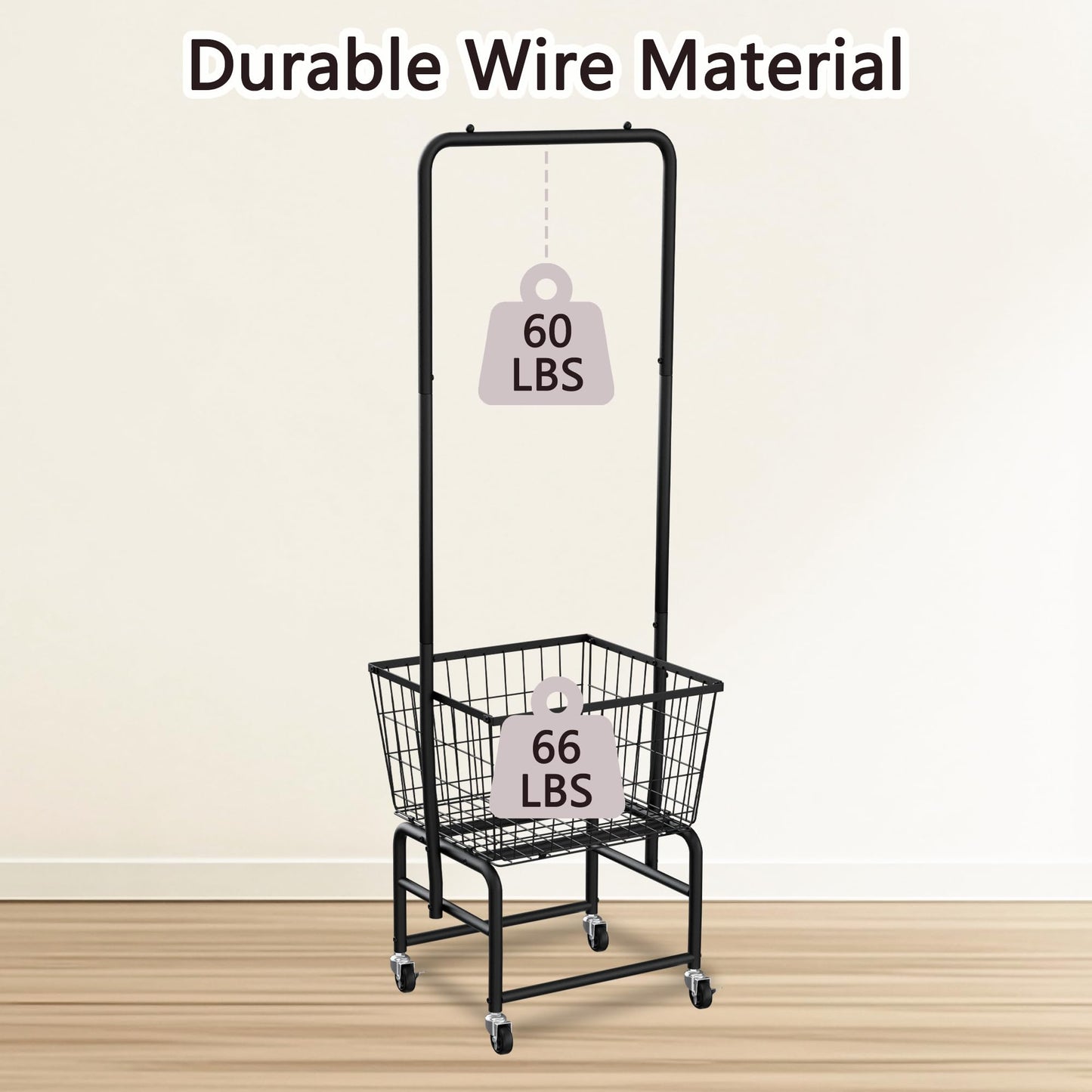 SIMHOMSTOR Rolling Laundry Cart with Wheels, Laundry Hamper Basket Organizer with Clothes Hanging Rack, Wire Storage Cloth Shelf Butler, Black